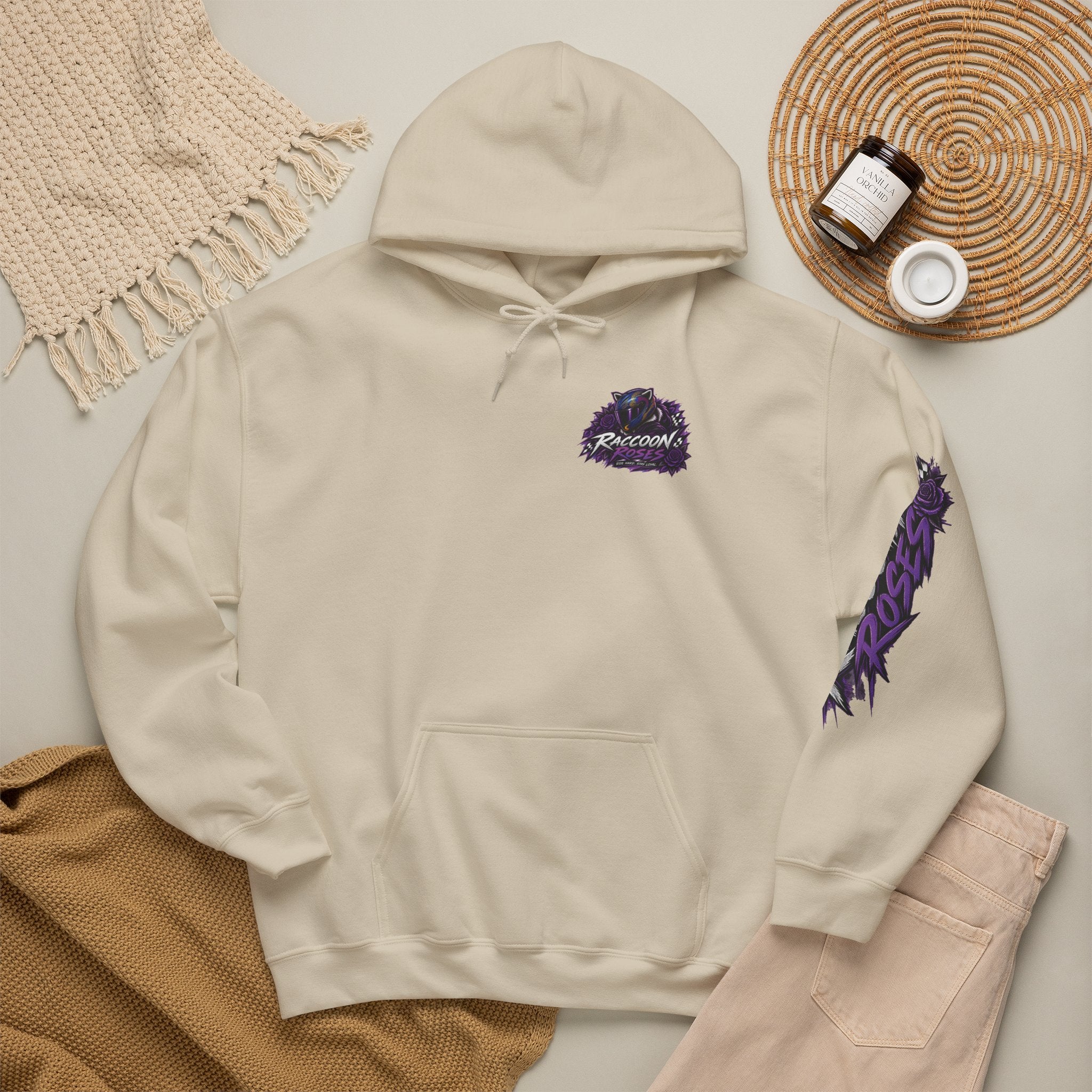 Raccoon Roadsters Motorcycle Graphic Hoodie — Retro Purple Rider Sweatshirt