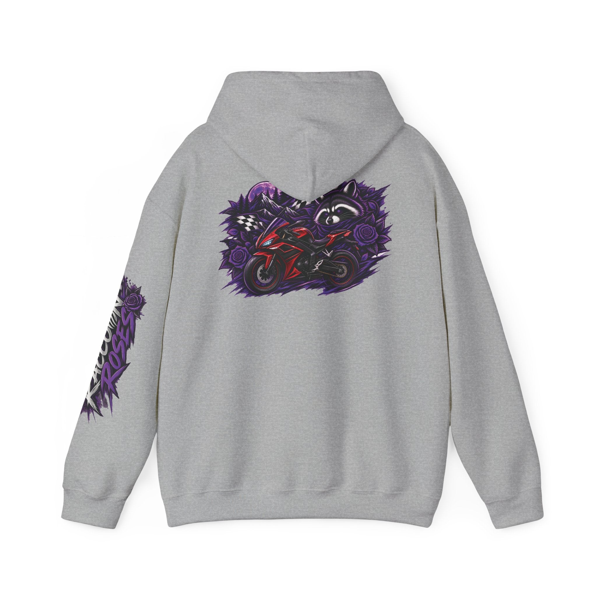 Raccoon Roadsters Motorcycle Graphic Hoodie — Retro Purple Rider Sweatshirt
