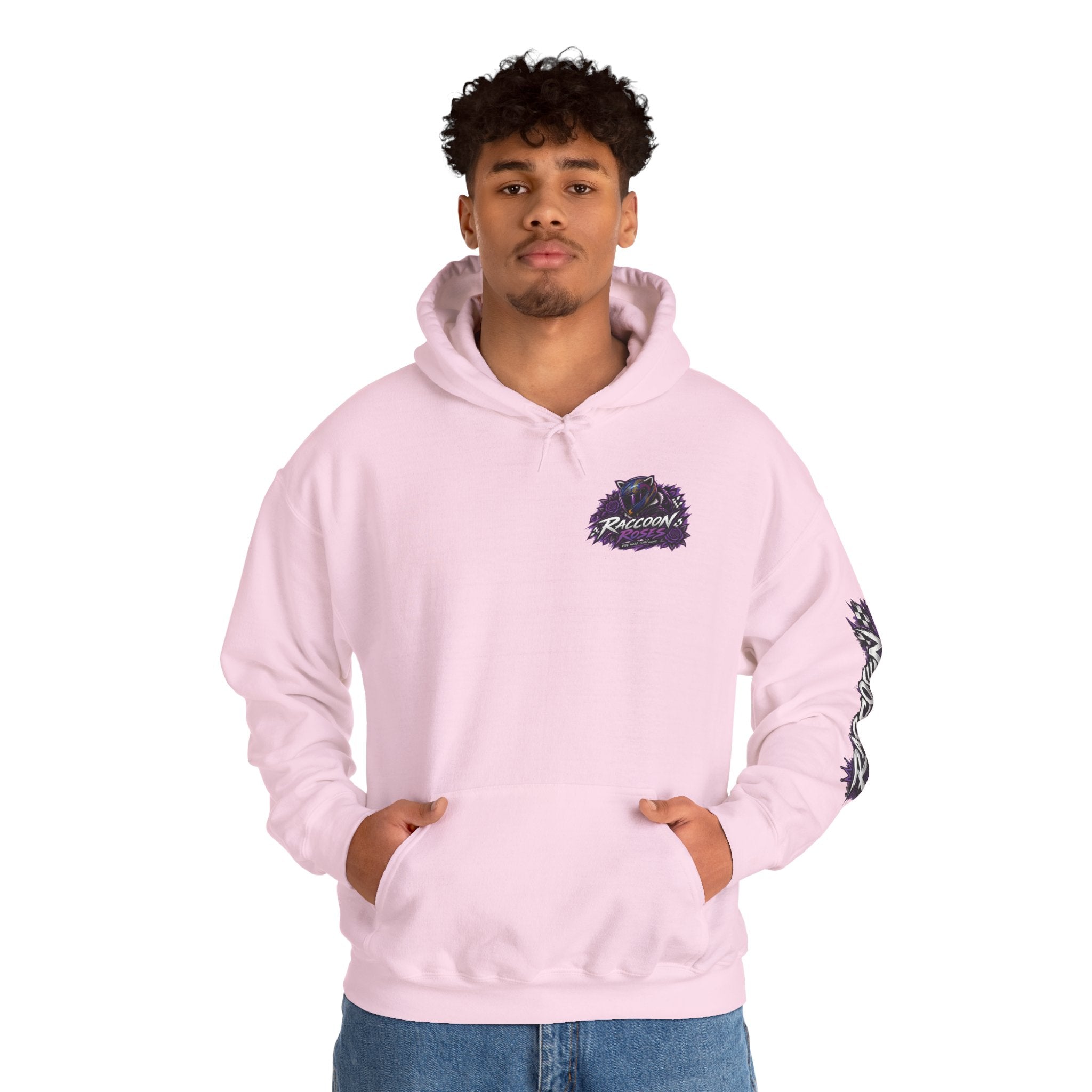 Raccoon Roadsters Motorcycle Graphic Hoodie — Retro Purple Rider Sweatshirt