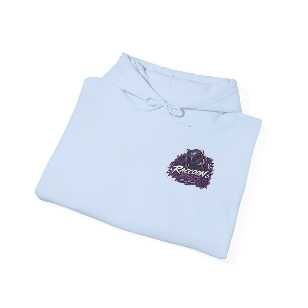 Raccoon Roadsters Motorcycle Graphic Hoodie — Retro Purple Rider Sweatshirt