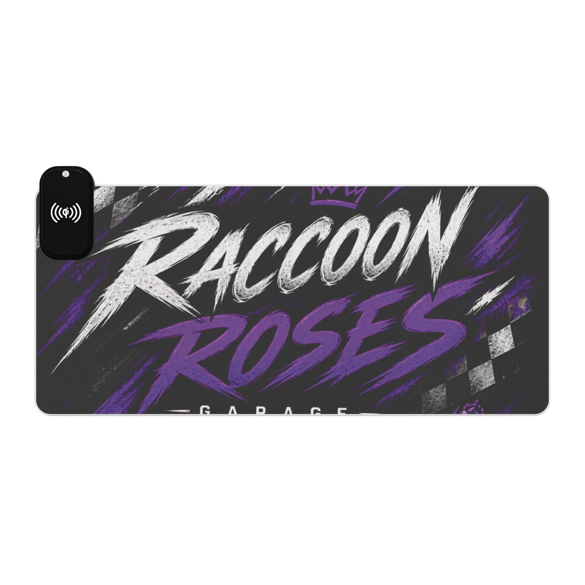 LED Gaming Mouse Pad with Wireless Charger — "Raccoon Roses" RGB Desk Mat