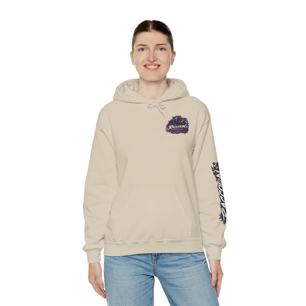 Raccoon Roadsters Motorcycle Graphic Hoodie — Retro Purple Rider Sweatshirt