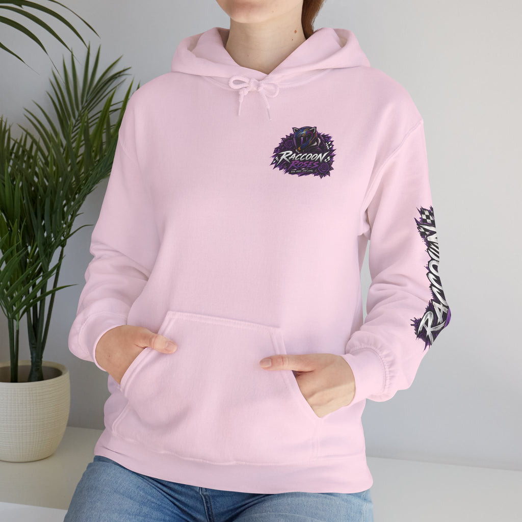 Raccoon Roadsters Motorcycle Graphic Hoodie — Retro Purple Rider Sweatshirt