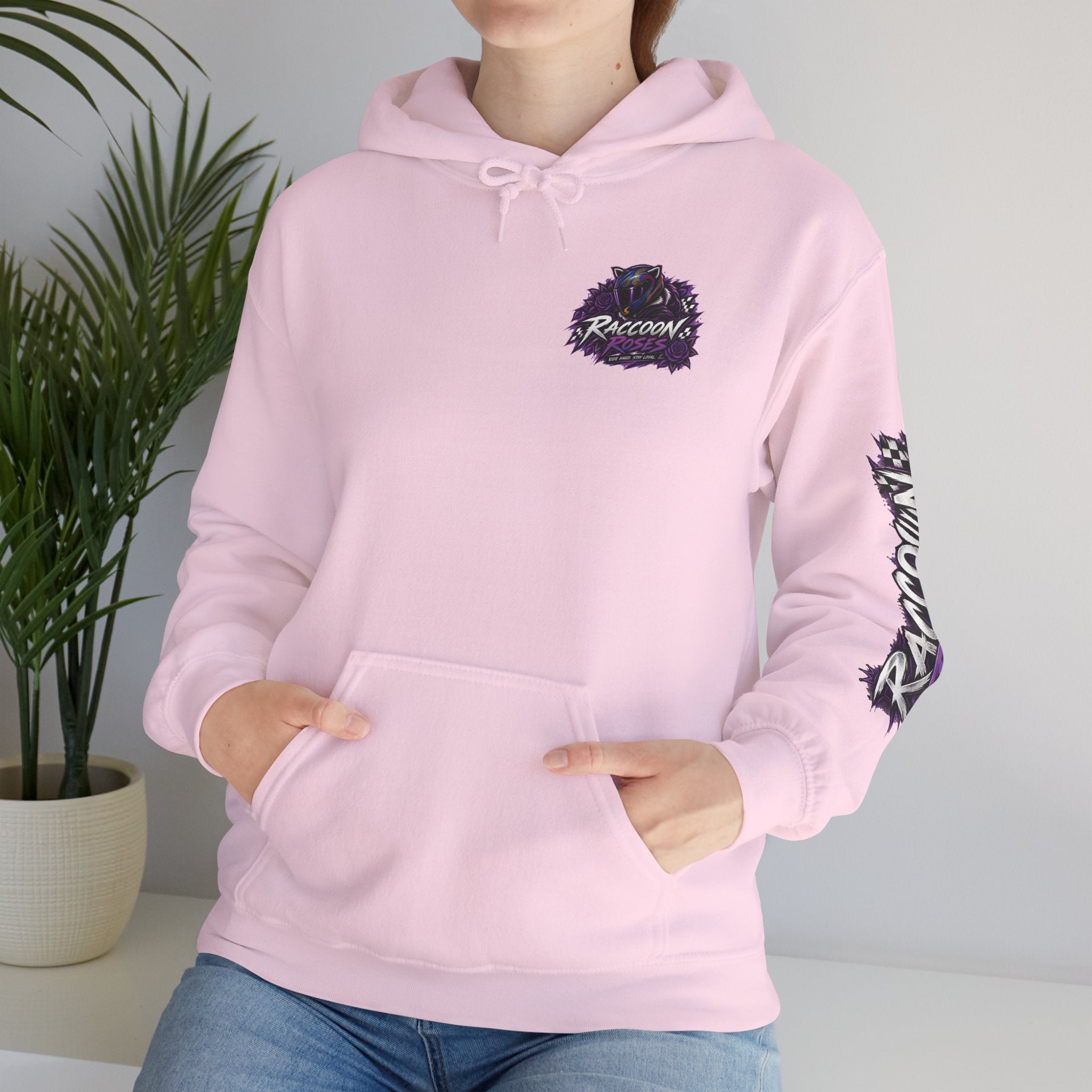 Raccoon Roadsters Motorcycle Graphic Hoodie — Retro Purple Rider Sweatshirt