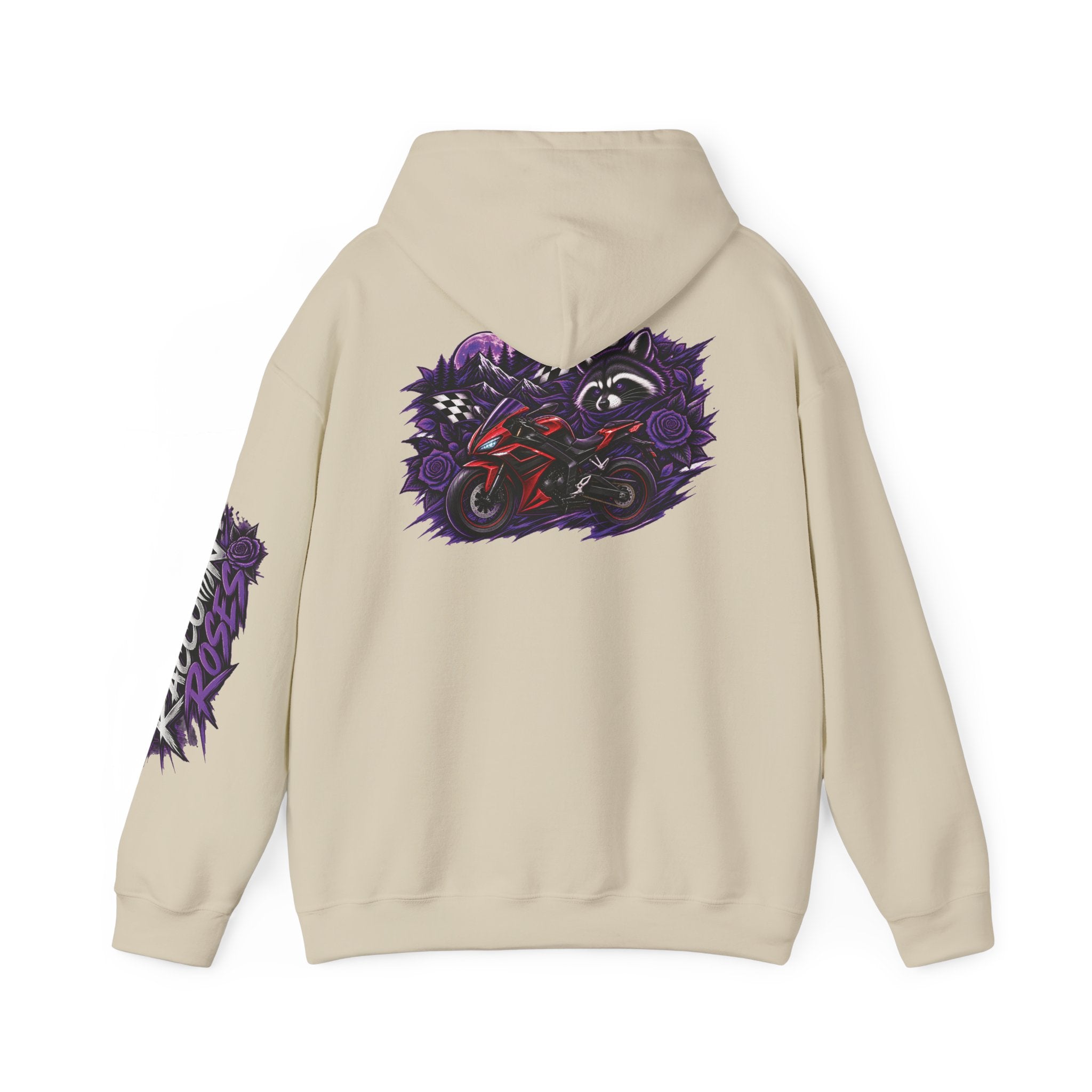 Raccoon Roadsters Motorcycle Graphic Hoodie — Retro Purple Rider Sweatshirt