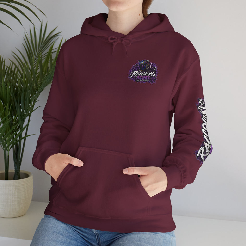 Raccoon Roadsters Motorcycle Graphic Hoodie — Retro Purple Rider Sweatshirt