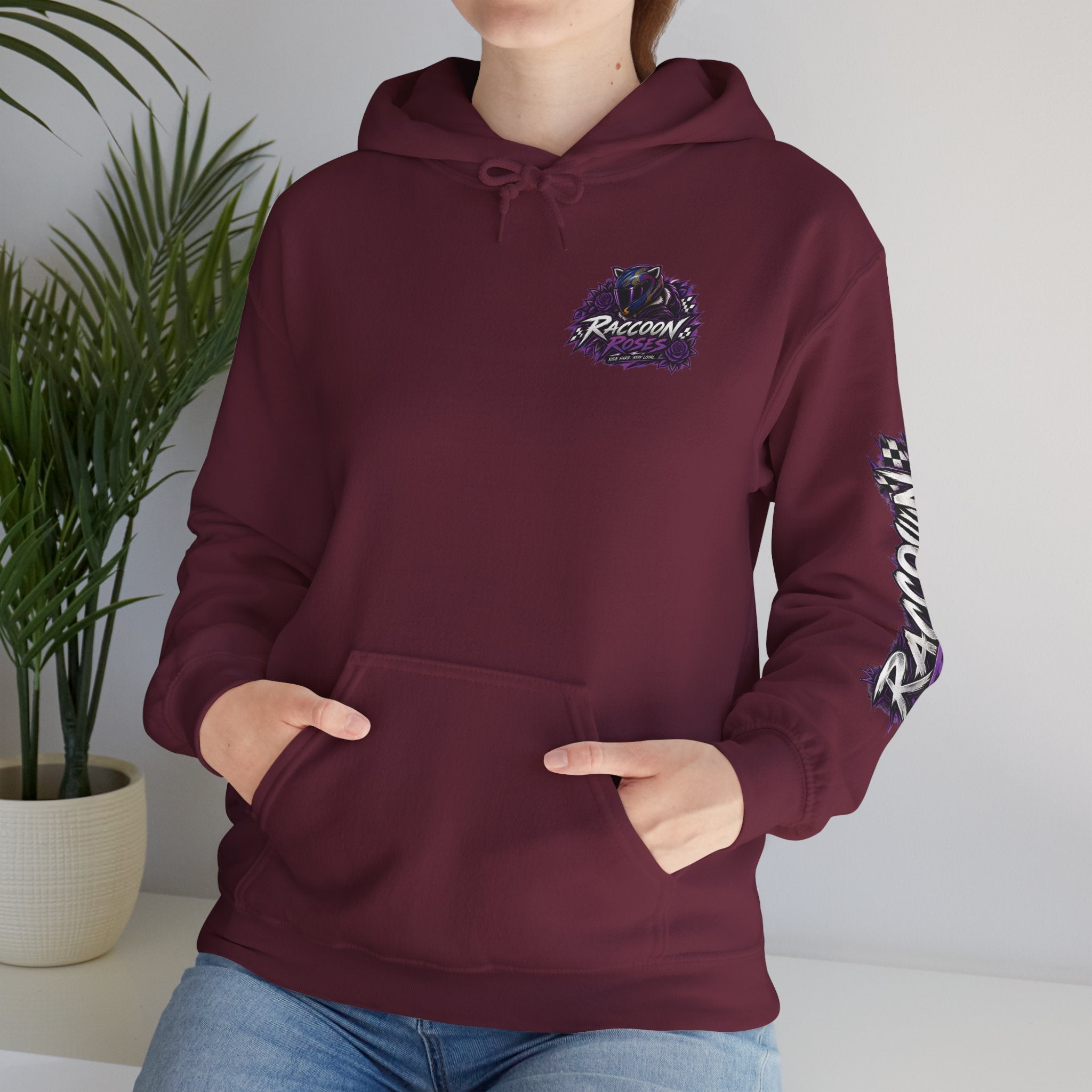 Raccoon Roadsters Motorcycle Graphic Hoodie — Retro Purple Rider Sweatshirt