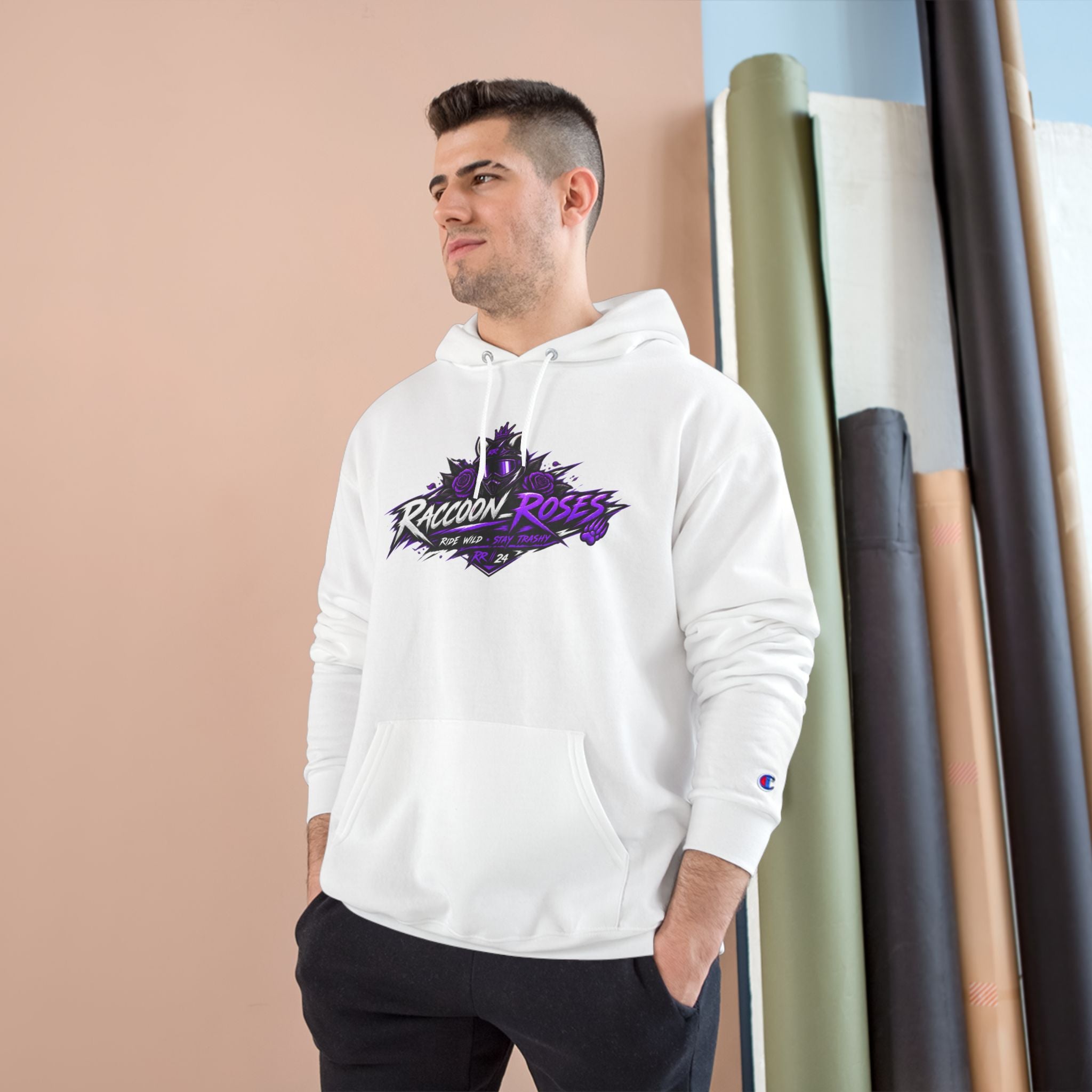 Raccoon Roses Hoodie — Bold Purple Graphic Streetwear Champion Hoodie