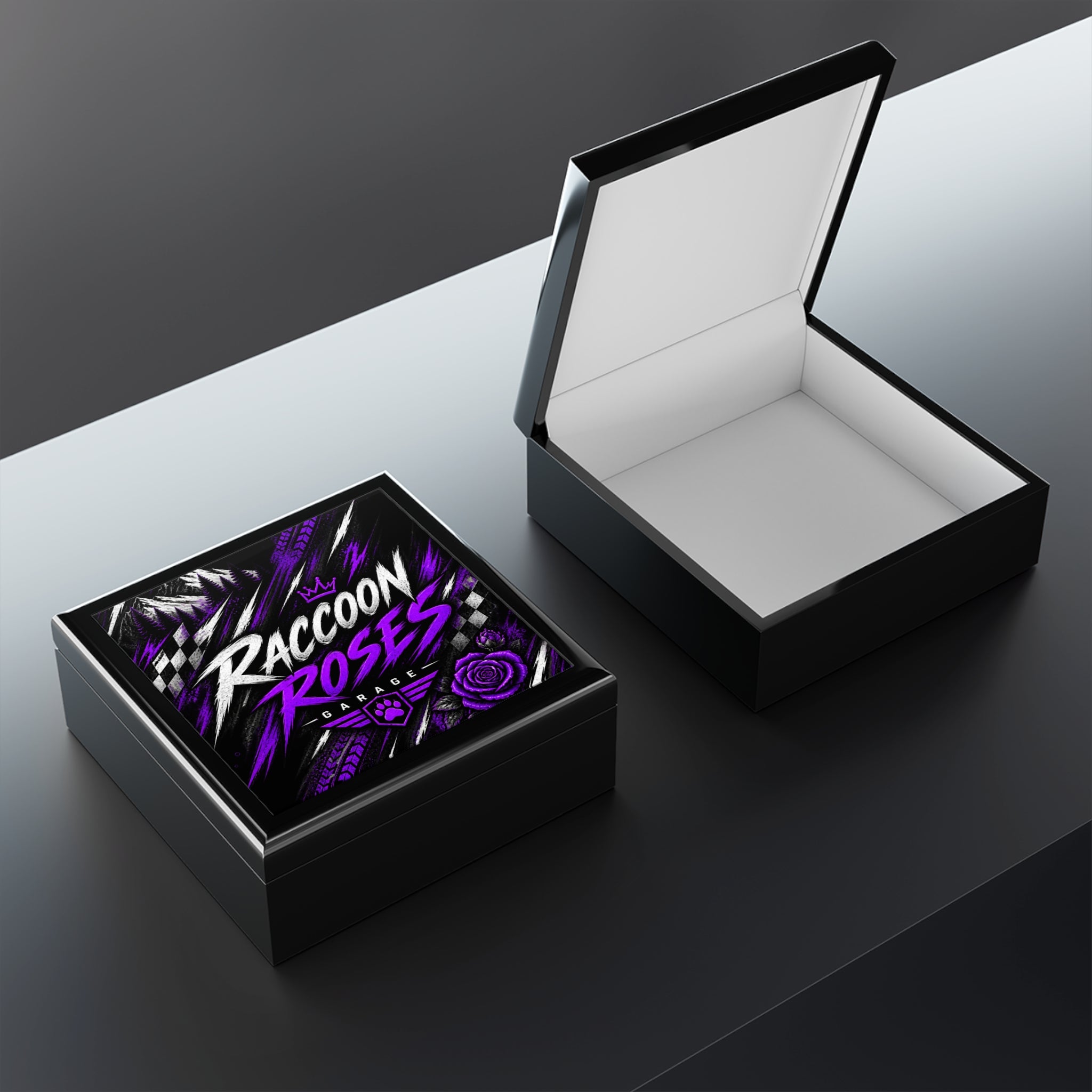 Raccoon Roses Garage Jewelry Box — Purple Graphic Keepsake Box