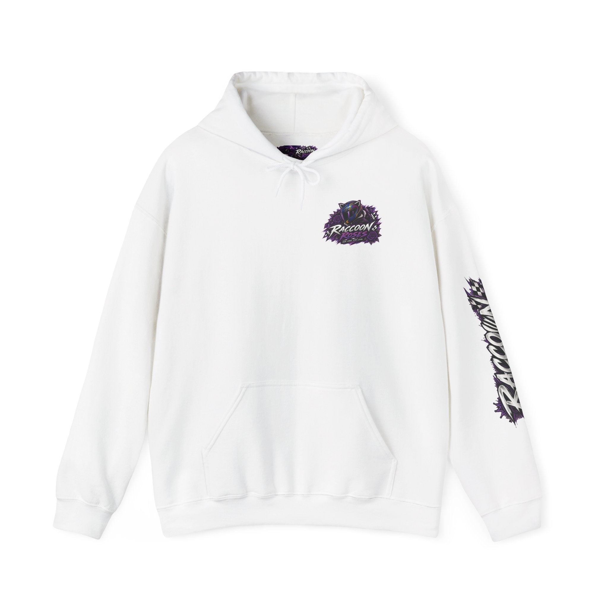 Raccoon Roadsters Motorcycle Graphic Hoodie — Retro Purple Rider Sweatshirt