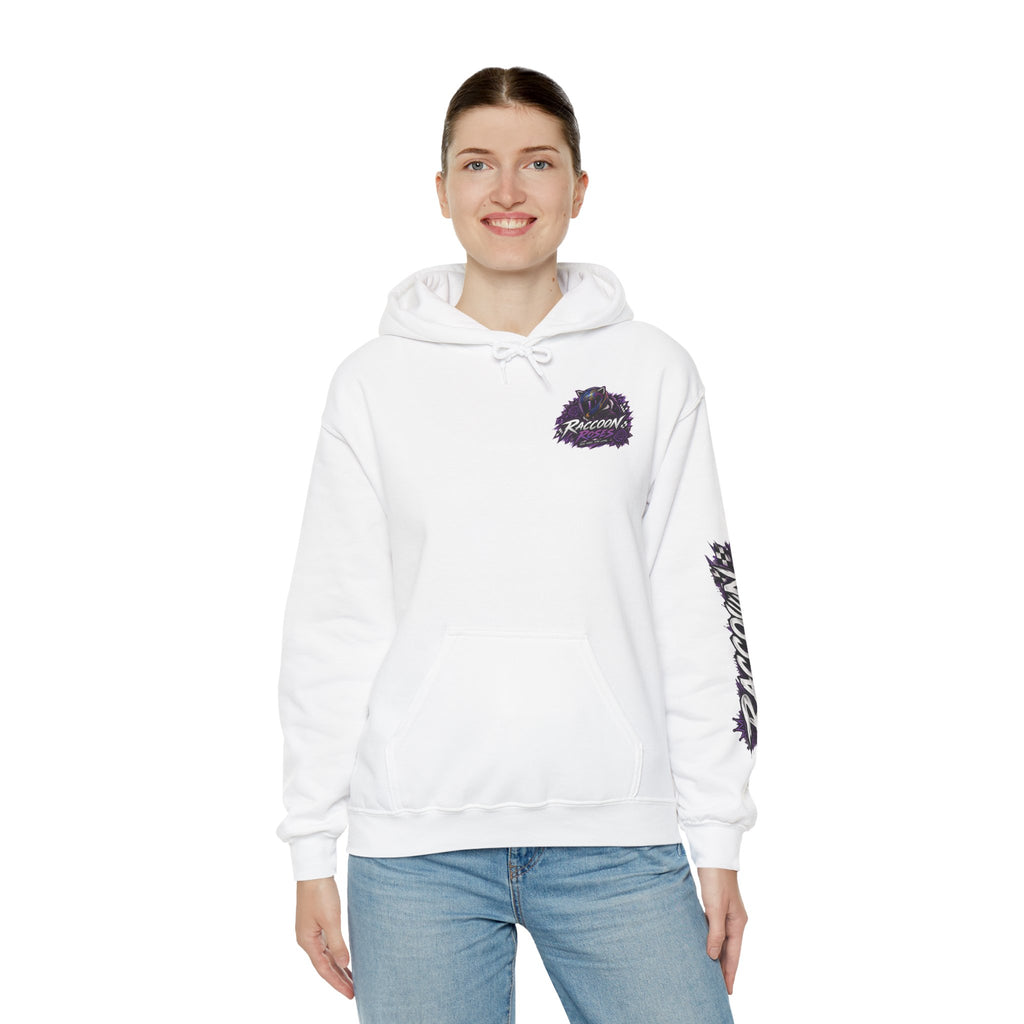 Raccoon Roadsters Motorcycle Graphic Hoodie — Retro Purple Rider Sweatshirt