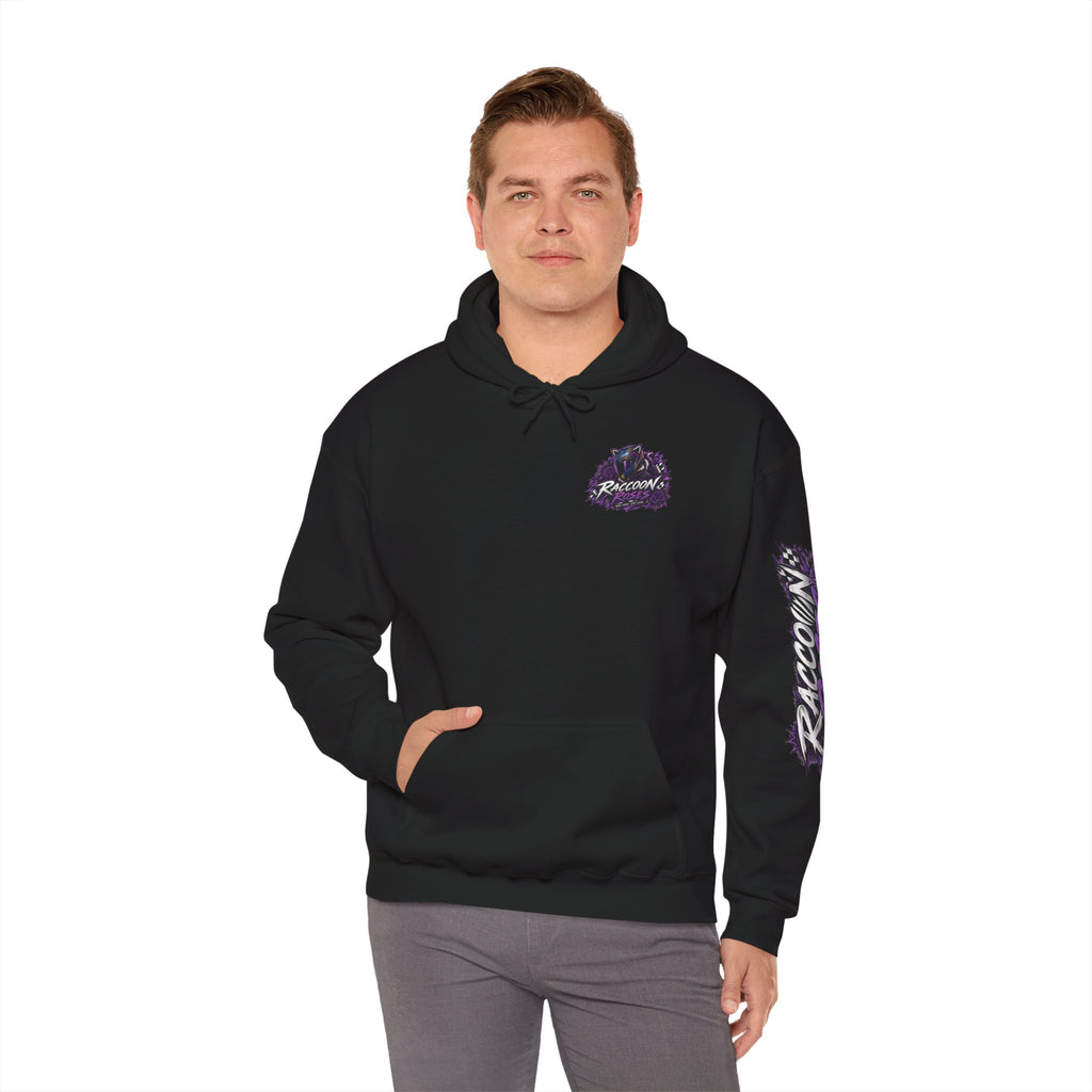 Raccoon Roadsters Motorcycle Graphic Hoodie — Retro Purple Rider Sweatshirt