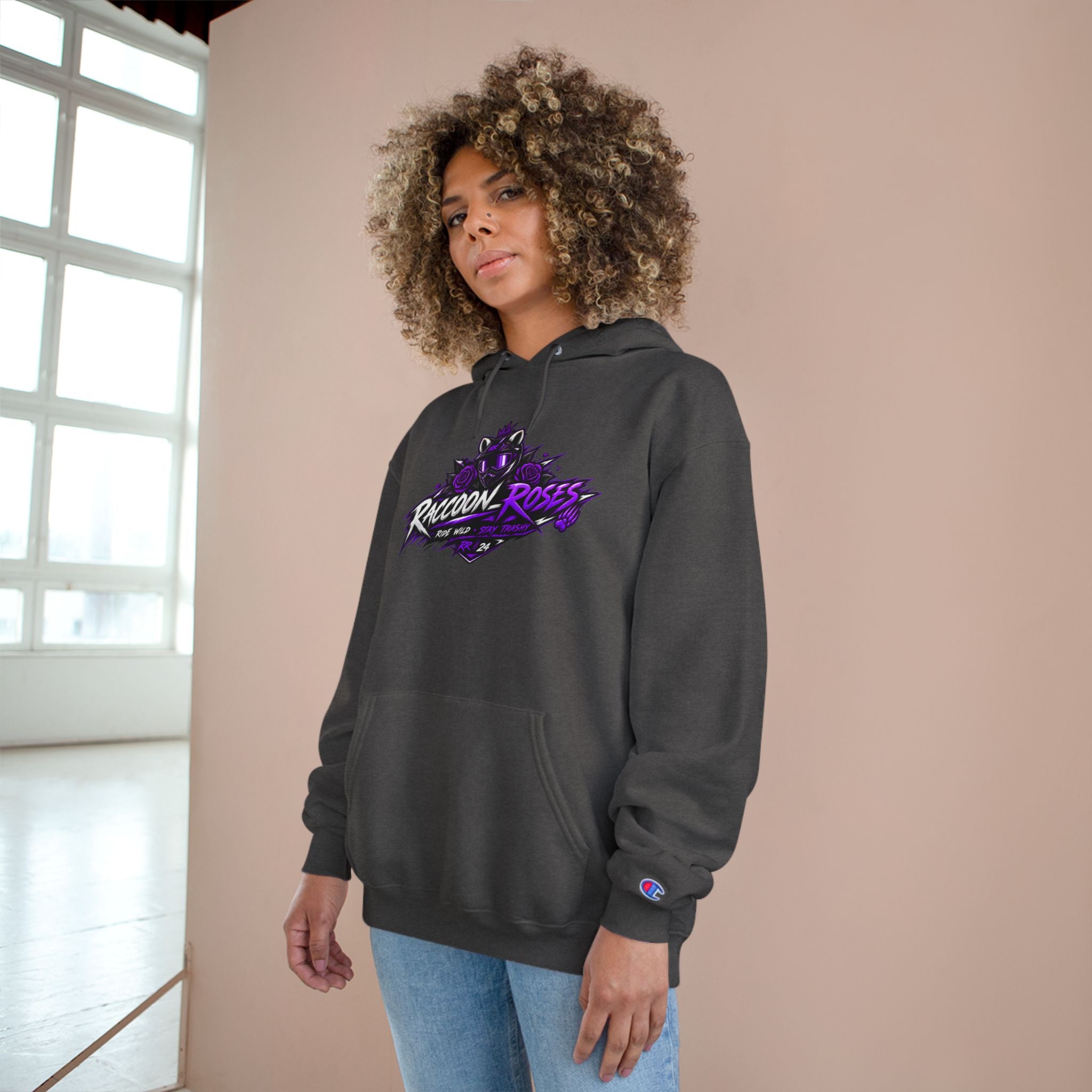 Raccoon Roses Hoodie — Bold Purple Graphic Streetwear Champion Hoodie