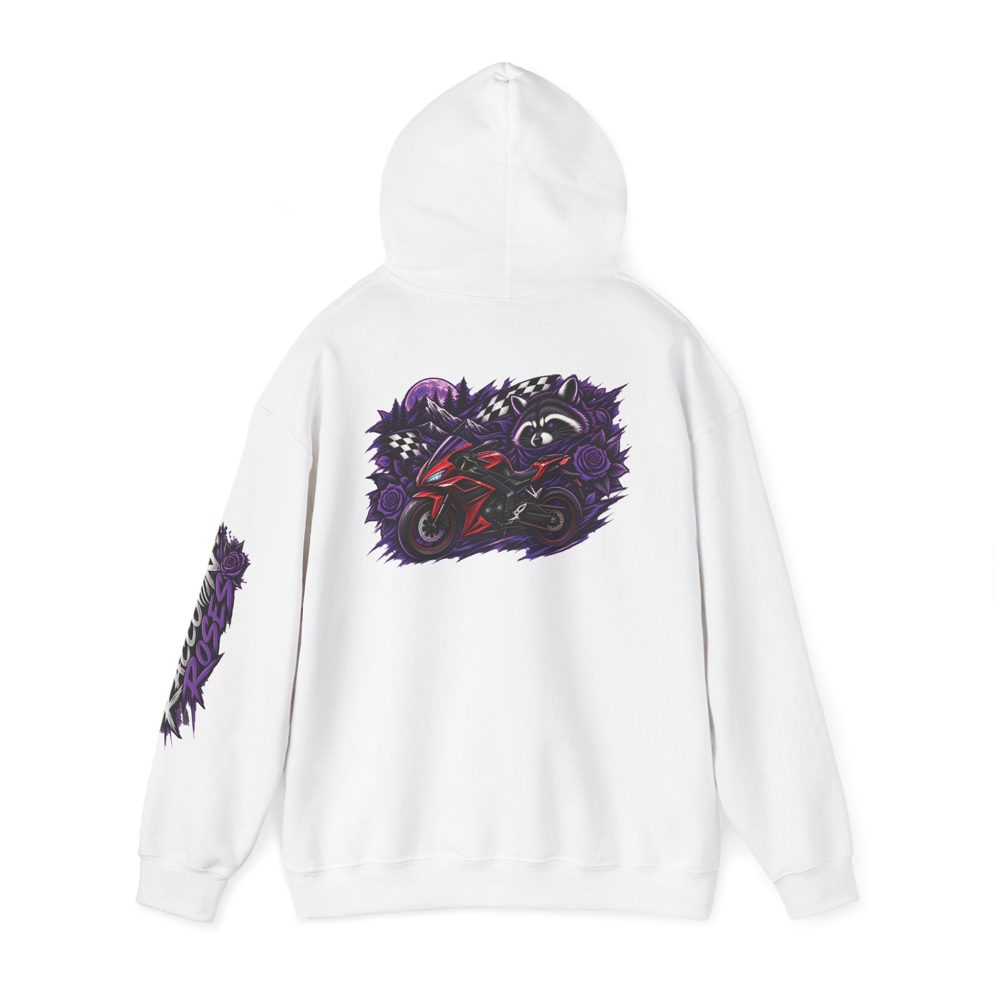 Raccoon Roadsters Motorcycle Graphic Hoodie — Retro Purple Rider Sweatshirt
