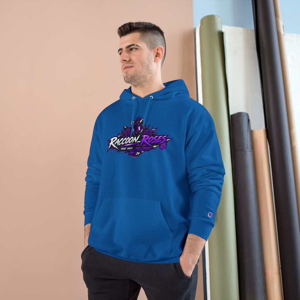 Raccoon Roses Hoodie — Bold Purple Graphic Streetwear Champion Hoodie