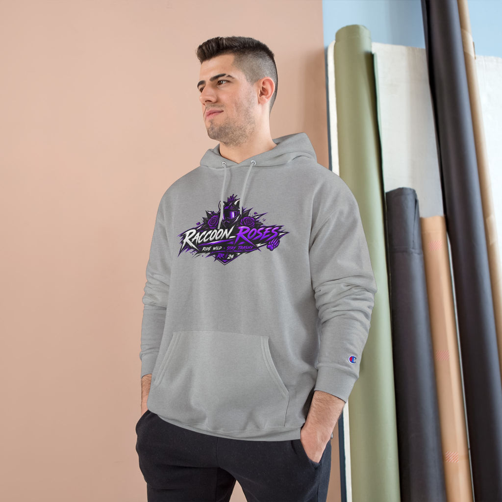 Raccoon Roses Hoodie — Bold Purple Graphic Streetwear Champion Hoodie