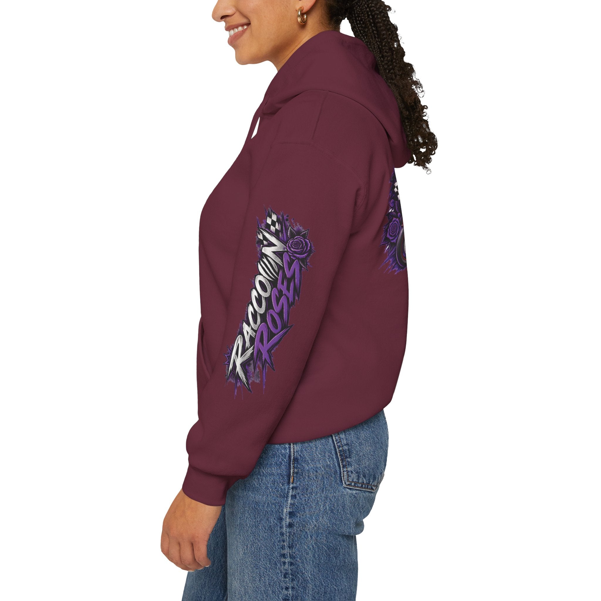Raccoon Roadsters Motorcycle Graphic Hoodie — Retro Purple Rider Sweatshirt