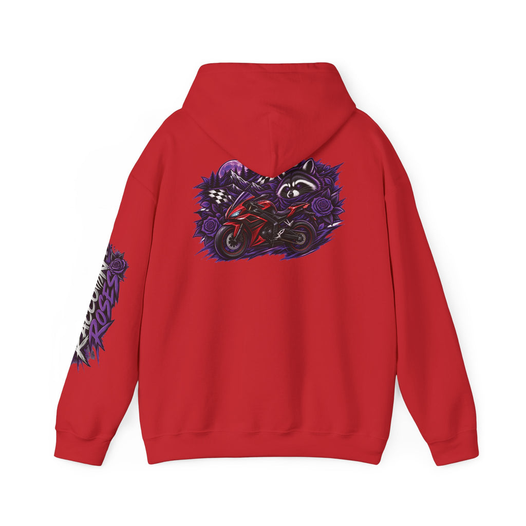 Raccoon Roadsters Motorcycle Graphic Hoodie — Retro Purple Rider Sweatshirt