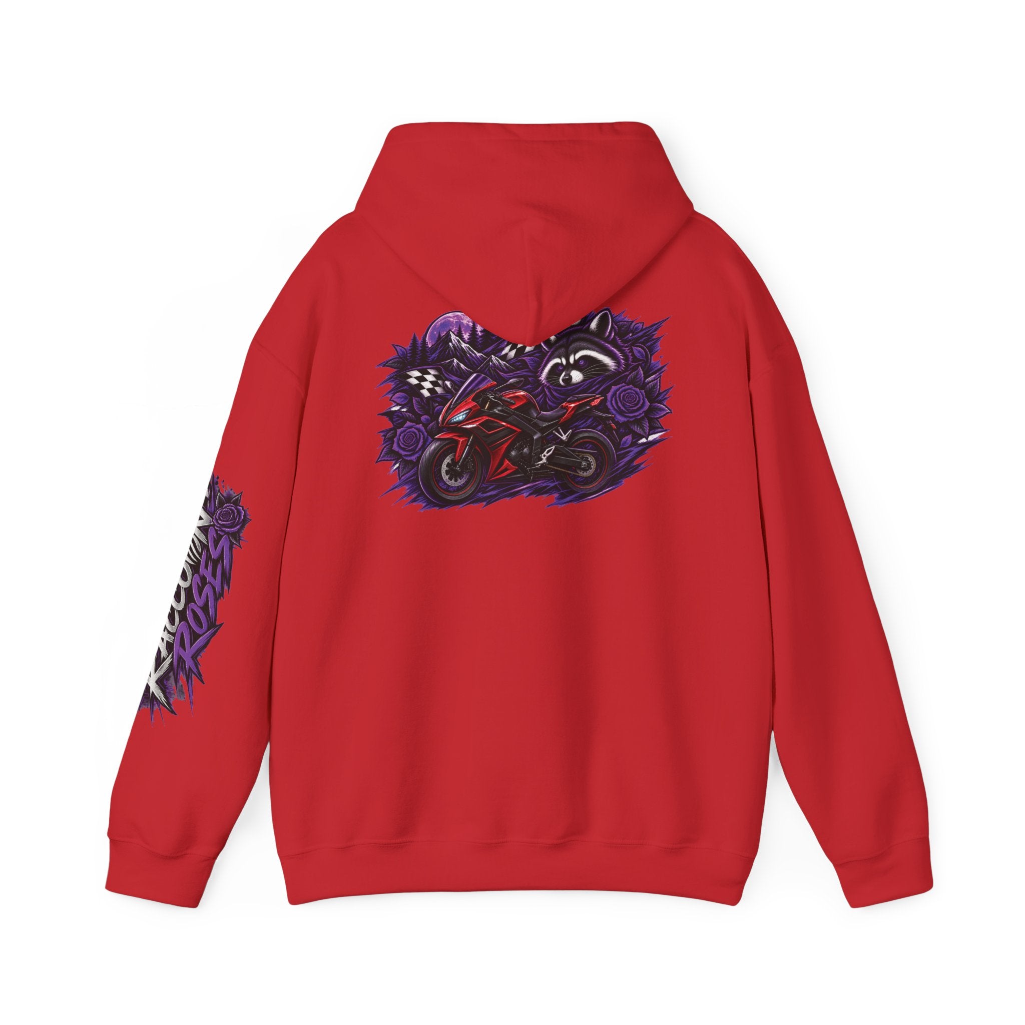 Raccoon Roadsters Motorcycle Graphic Hoodie — Retro Purple Rider Sweatshirt