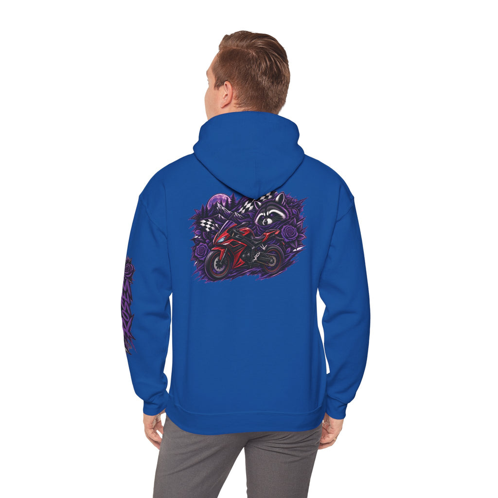 Raccoon Roadsters Motorcycle Graphic Hoodie — Retro Purple Rider Sweatshirt