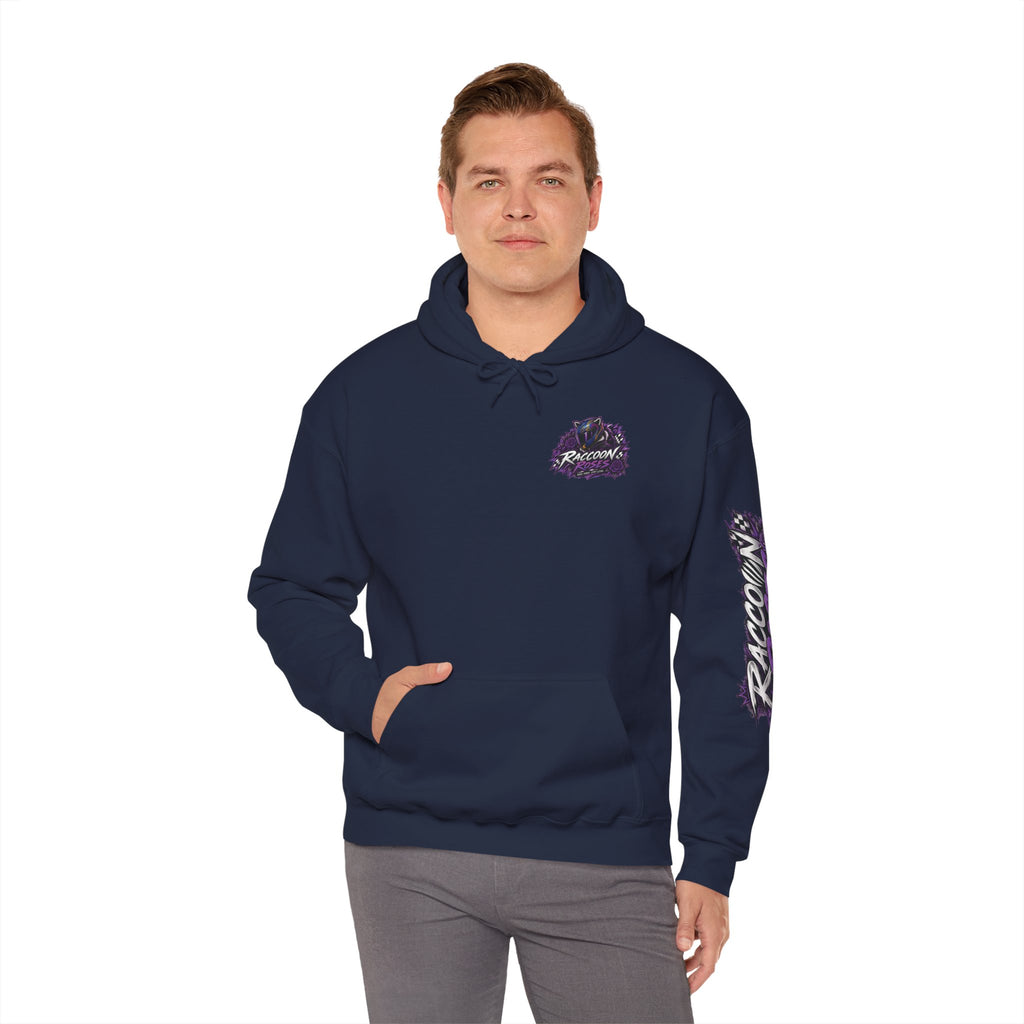 Raccoon Roadsters Motorcycle Graphic Hoodie — Retro Purple Rider Sweatshirt