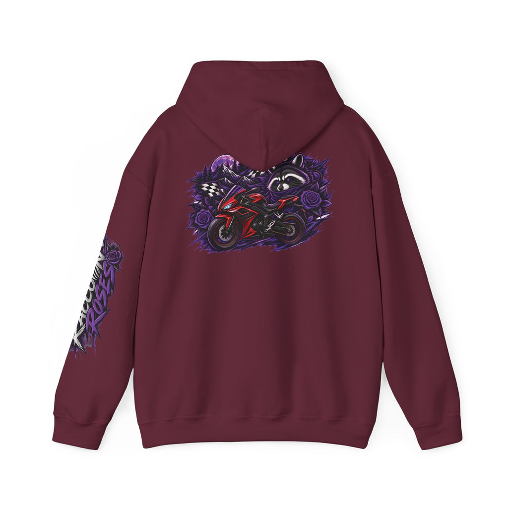 Raccoon Roadsters Motorcycle Graphic Hoodie — Retro Purple Rider Sweatshirt