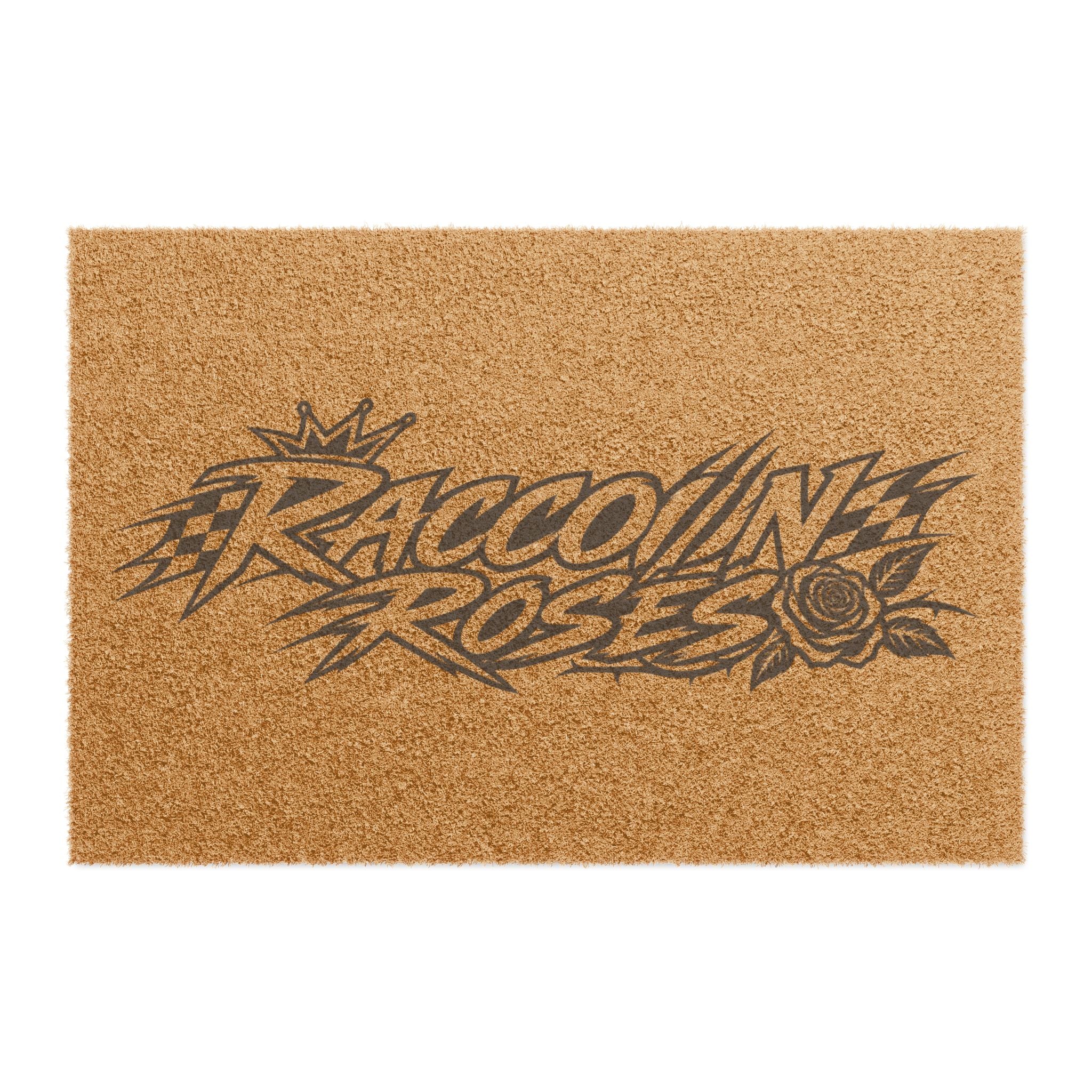 Raccoon Roses Doormat — Vintage Tattoo Script Welcome Mat