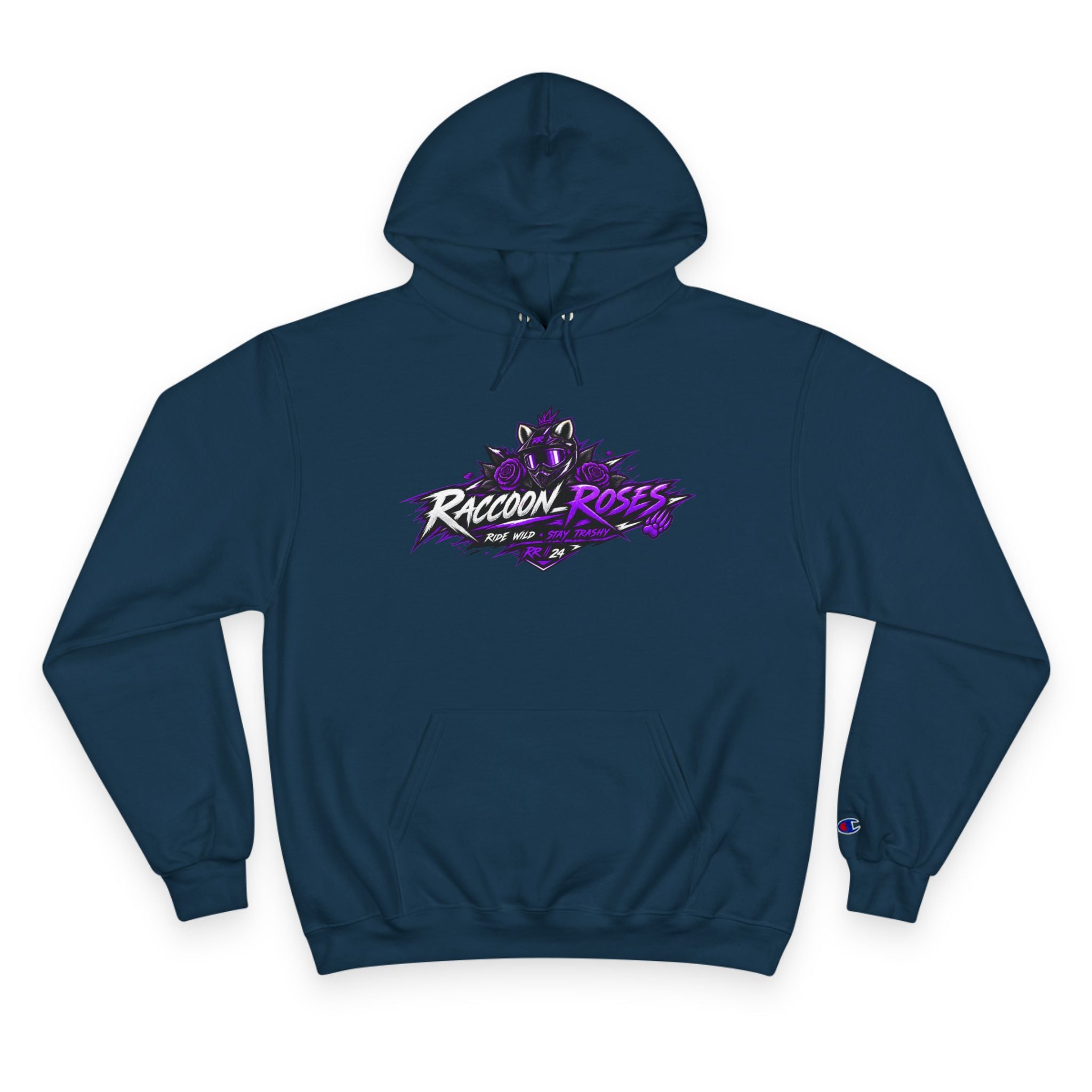 Raccoon Roses Hoodie — Bold Purple Graphic Streetwear Champion Hoodie