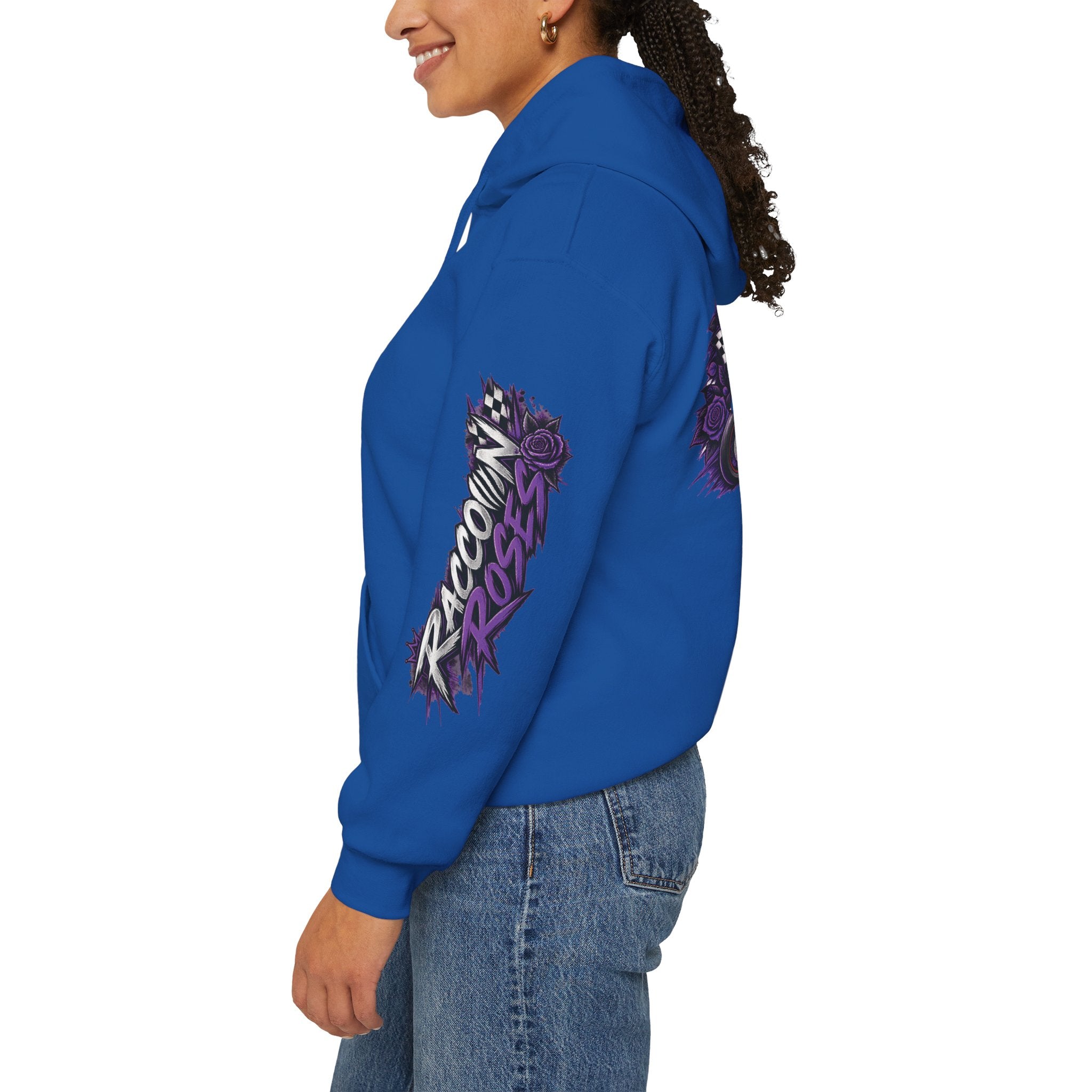 Raccoon Roadsters Motorcycle Graphic Hoodie — Retro Purple Rider Sweatshirt