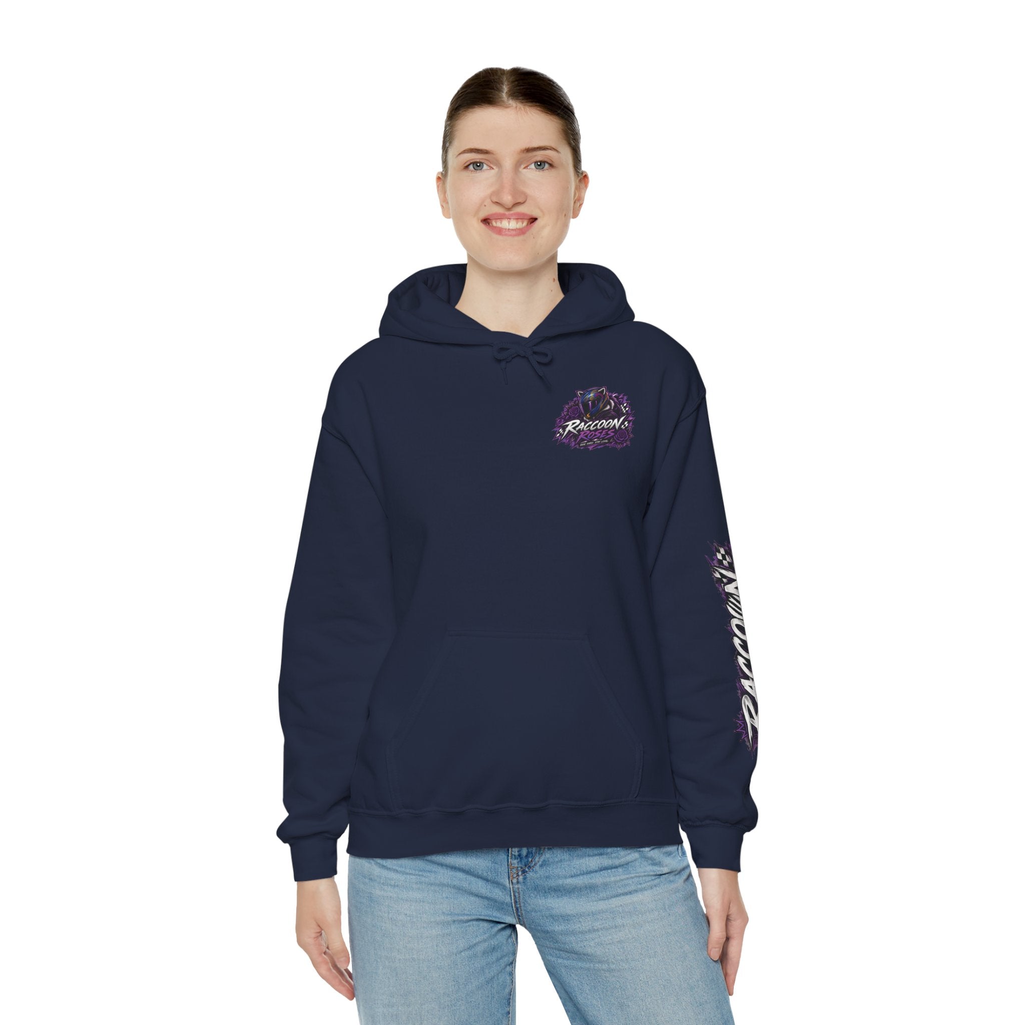 Raccoon Roadsters Motorcycle Graphic Hoodie — Retro Purple Rider Sweatshirt