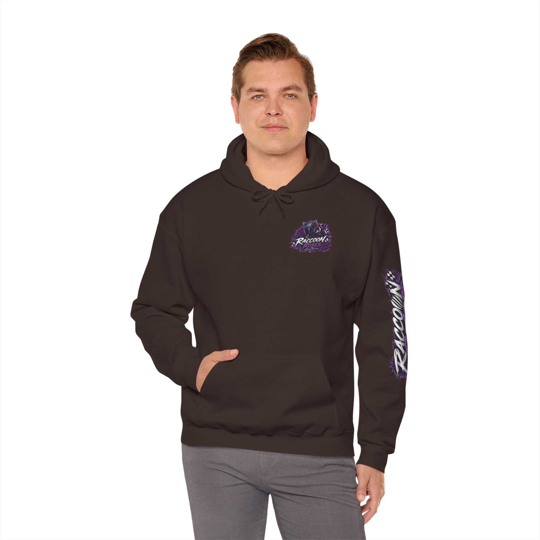 Raccoon Roadsters Motorcycle Graphic Hoodie — Retro Purple Rider Sweatshirt