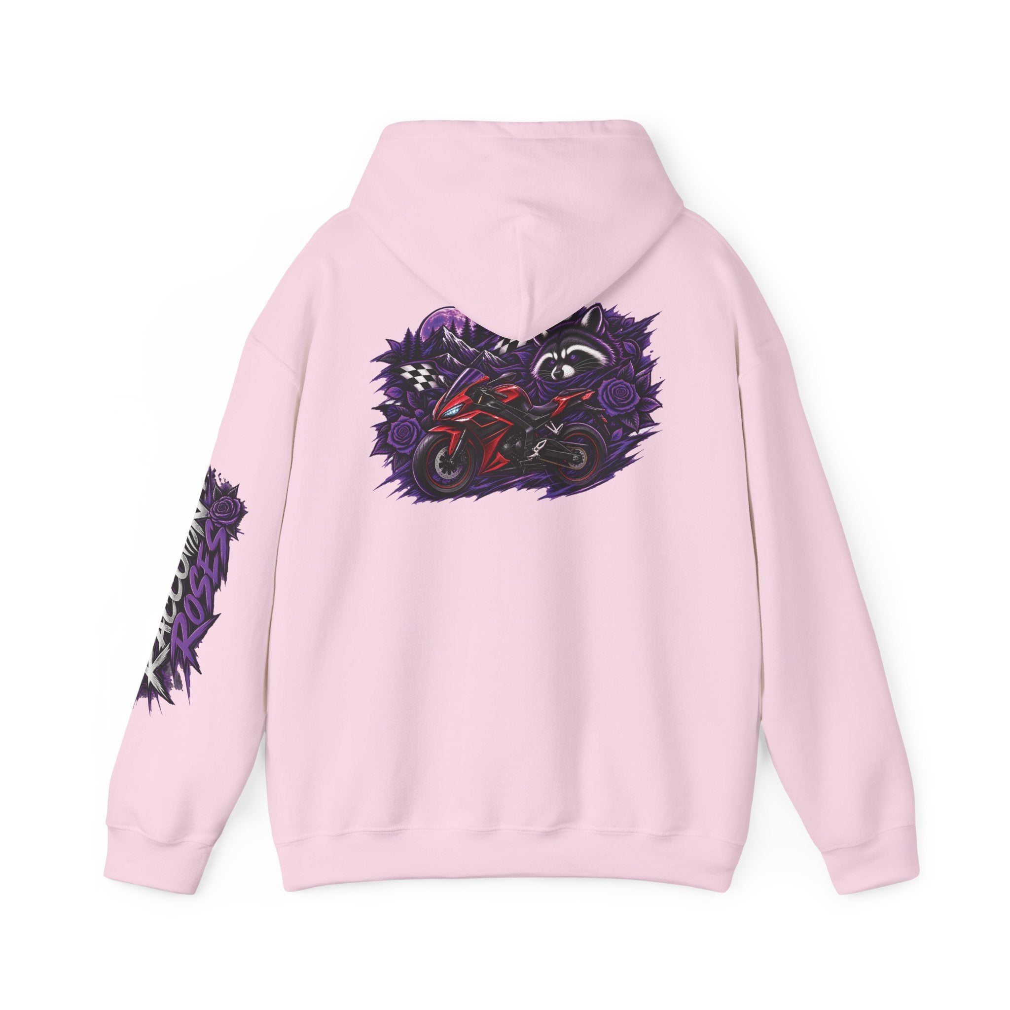 Raccoon Roadsters Motorcycle Graphic Hoodie — Retro Purple Rider Sweatshirt