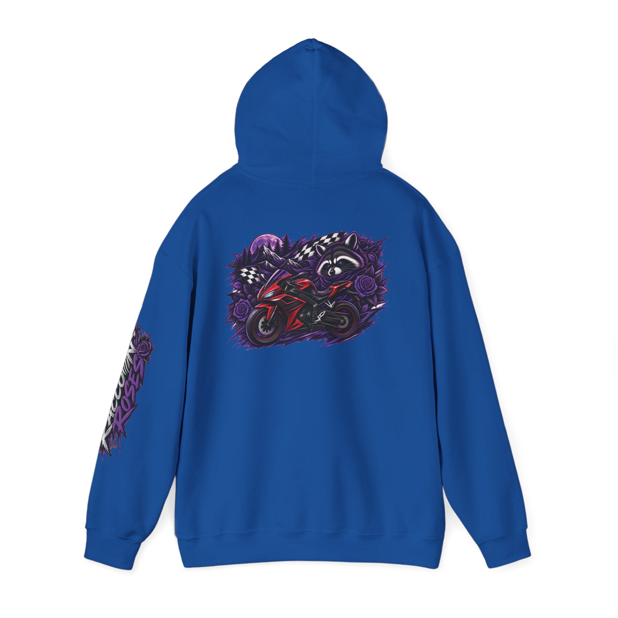 Raccoon Roadsters Motorcycle Graphic Hoodie — Retro Purple Rider Sweatshirt