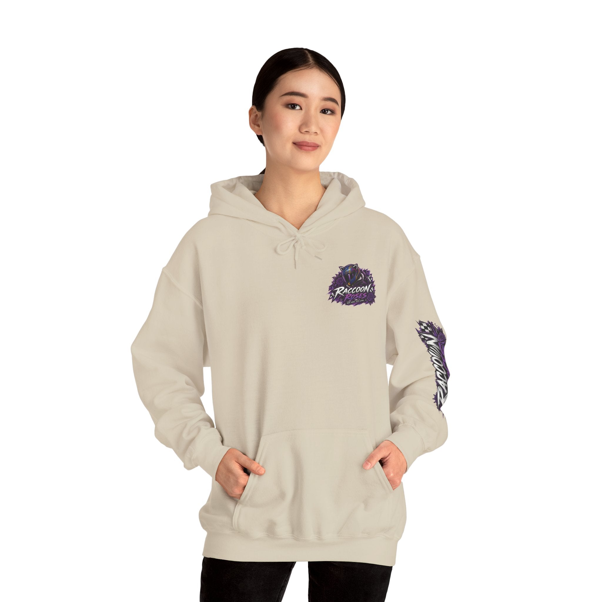 Raccoon Roadsters Motorcycle Graphic Hoodie — Retro Purple Rider Sweatshirt