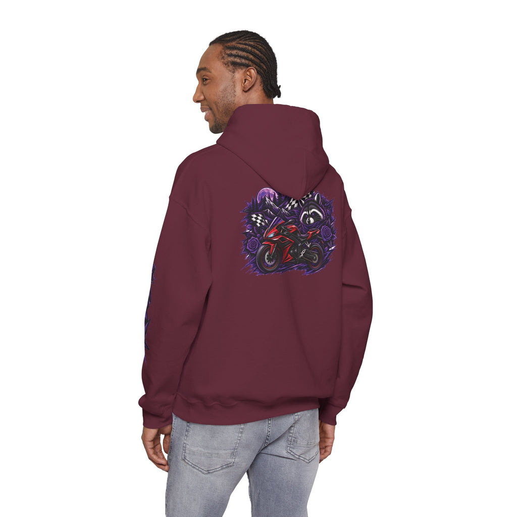 Raccoon Roadsters Motorcycle Graphic Hoodie — Retro Purple Rider Sweatshirt