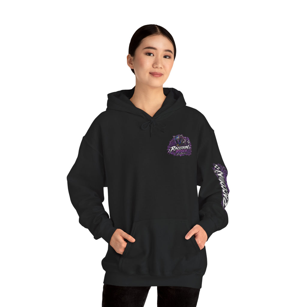 Raccoon Roadsters Motorcycle Graphic Hoodie — Retro Purple Rider Sweatshirt
