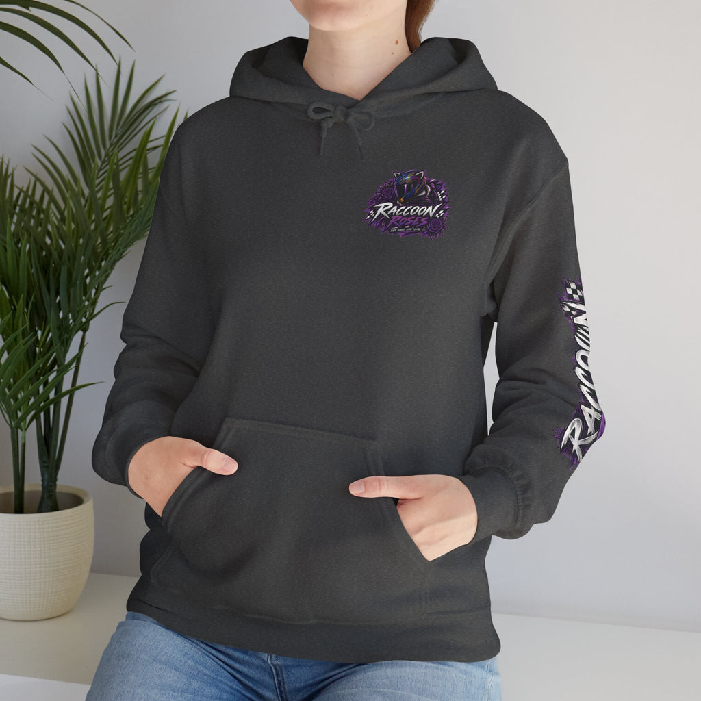 Raccoon Roadsters Motorcycle Graphic Hoodie — Retro Purple Rider Sweatshirt