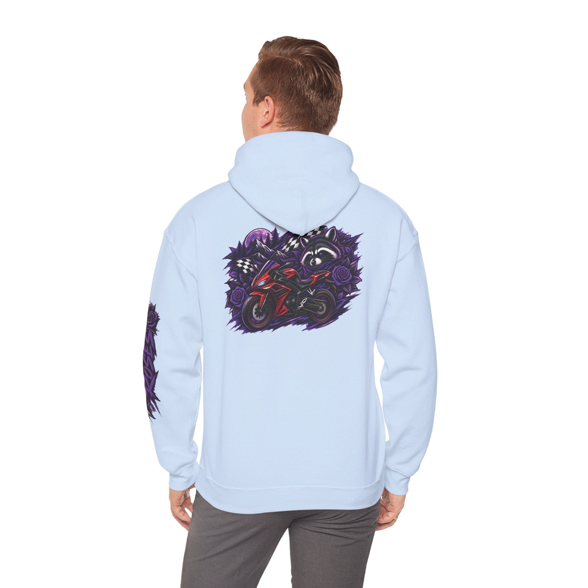 Raccoon Roadsters Motorcycle Graphic Hoodie — Retro Purple Rider Sweatshirt