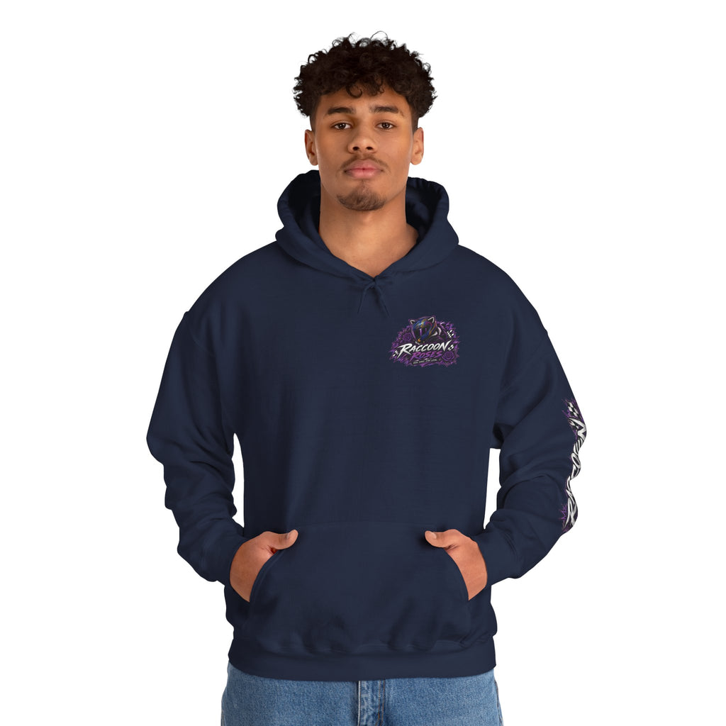 Raccoon Roadsters Motorcycle Graphic Hoodie — Retro Purple Rider Sweatshirt