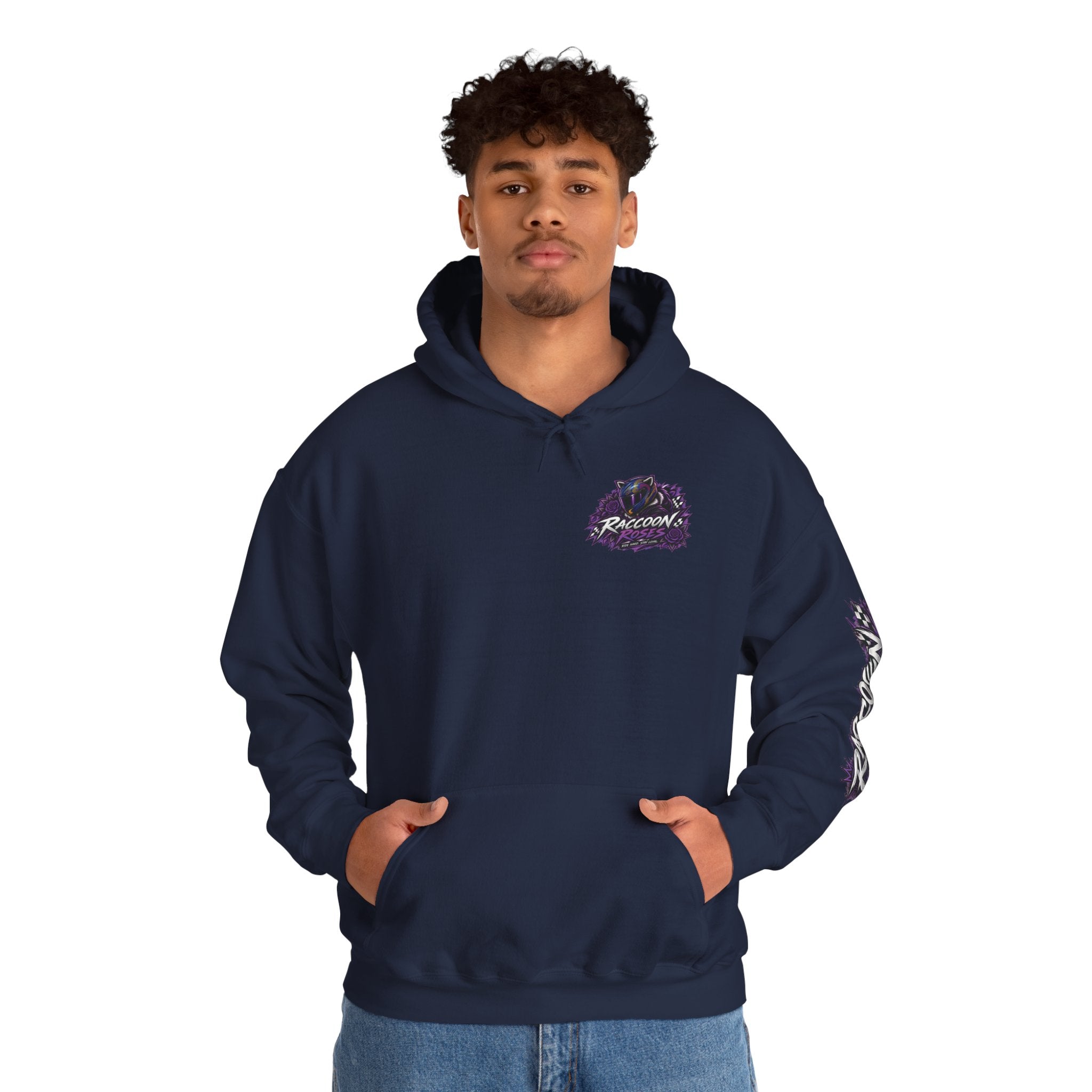 Raccoon Roadsters Motorcycle Graphic Hoodie — Retro Purple Rider Sweatshirt