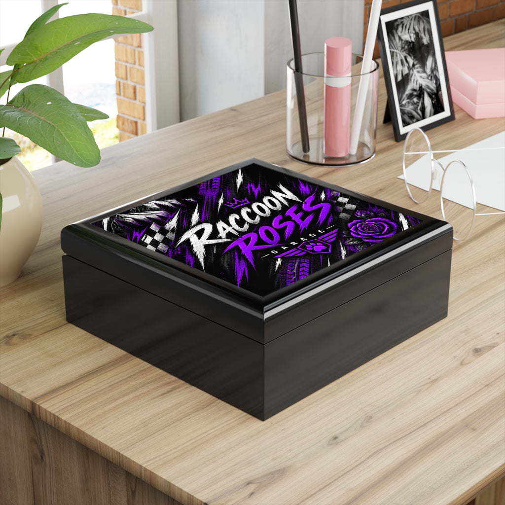 Raccoon Roses Garage Jewelry Box — Purple Graphic Keepsake Box