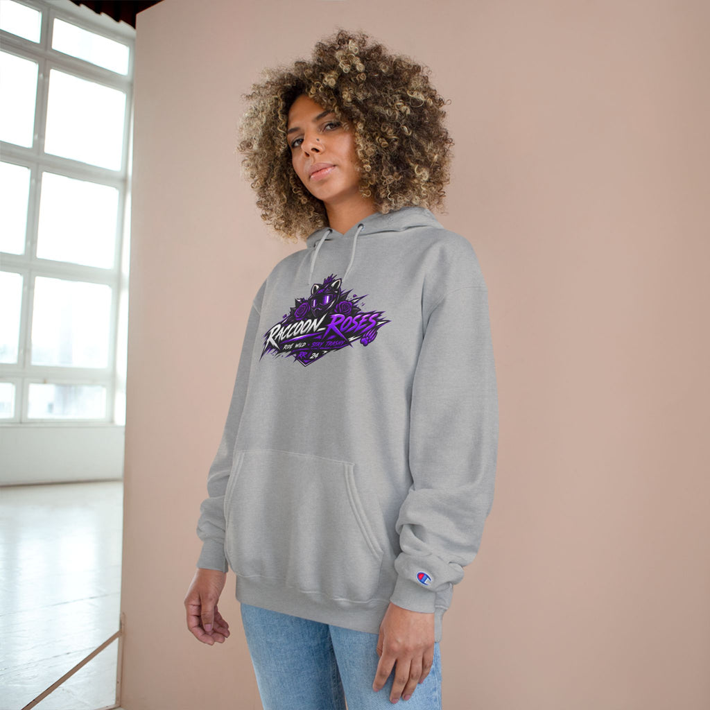 Raccoon Roses Hoodie — Bold Purple Graphic Streetwear Champion Hoodie