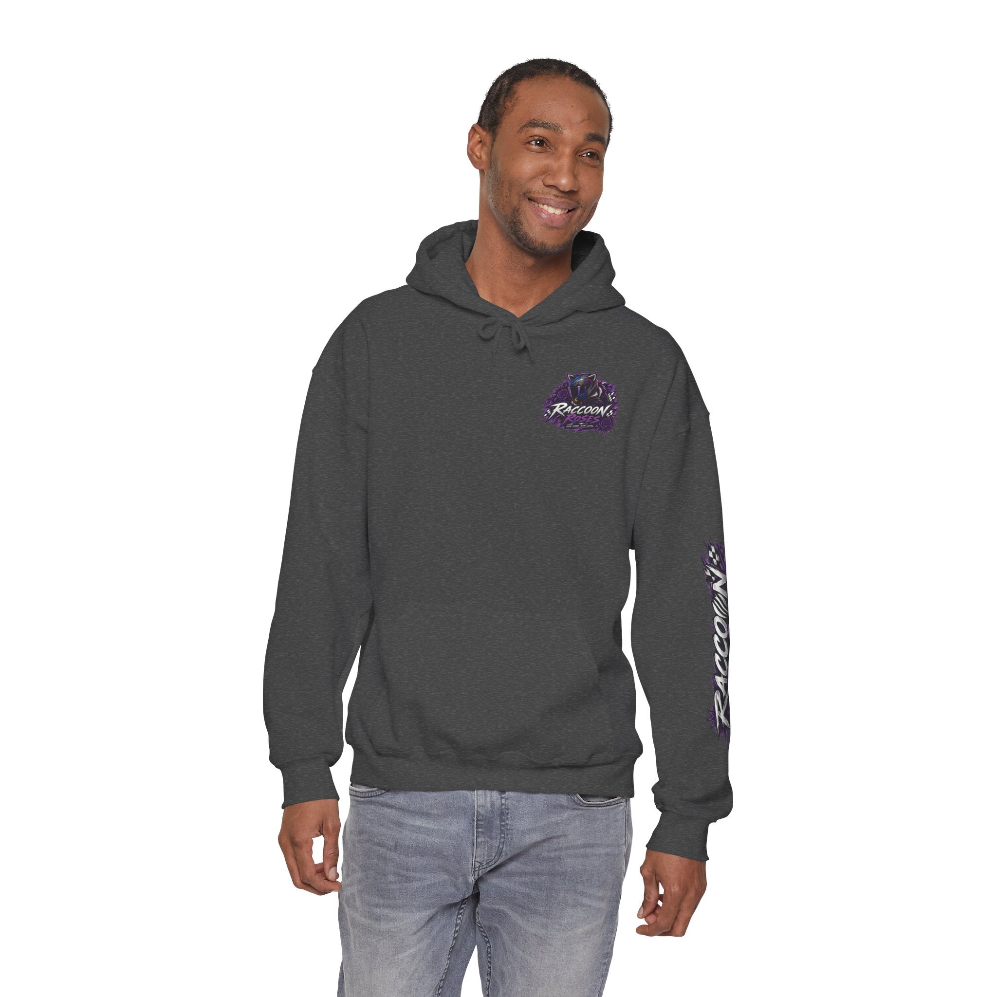 Raccoon Roadsters Motorcycle Graphic Hoodie — Retro Purple Rider Sweatshirt