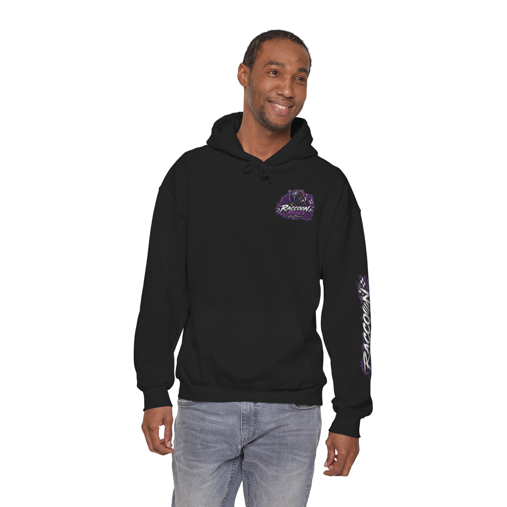 Raccoon Roadsters Motorcycle Graphic Hoodie — Retro Purple Rider Sweatshirt