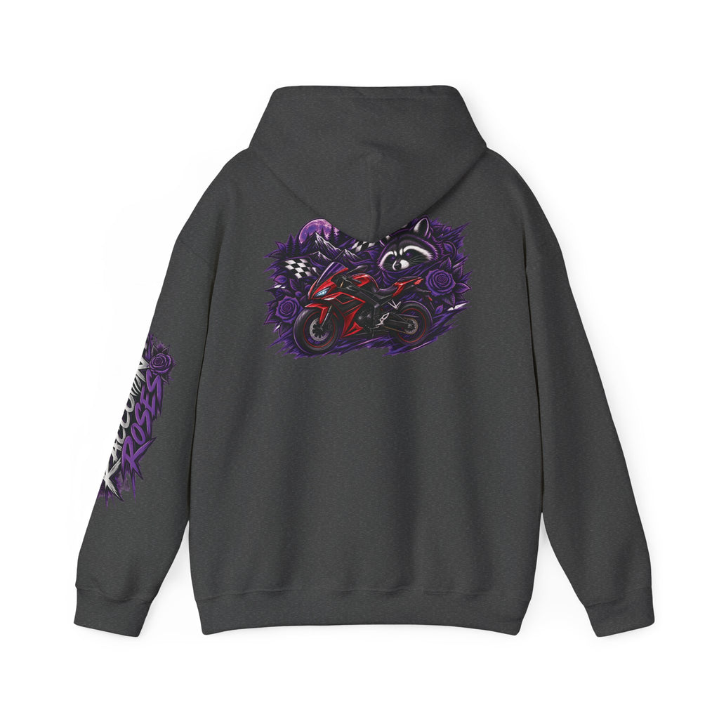 Raccoon Roadsters Motorcycle Graphic Hoodie — Retro Purple Rider Sweatshirt