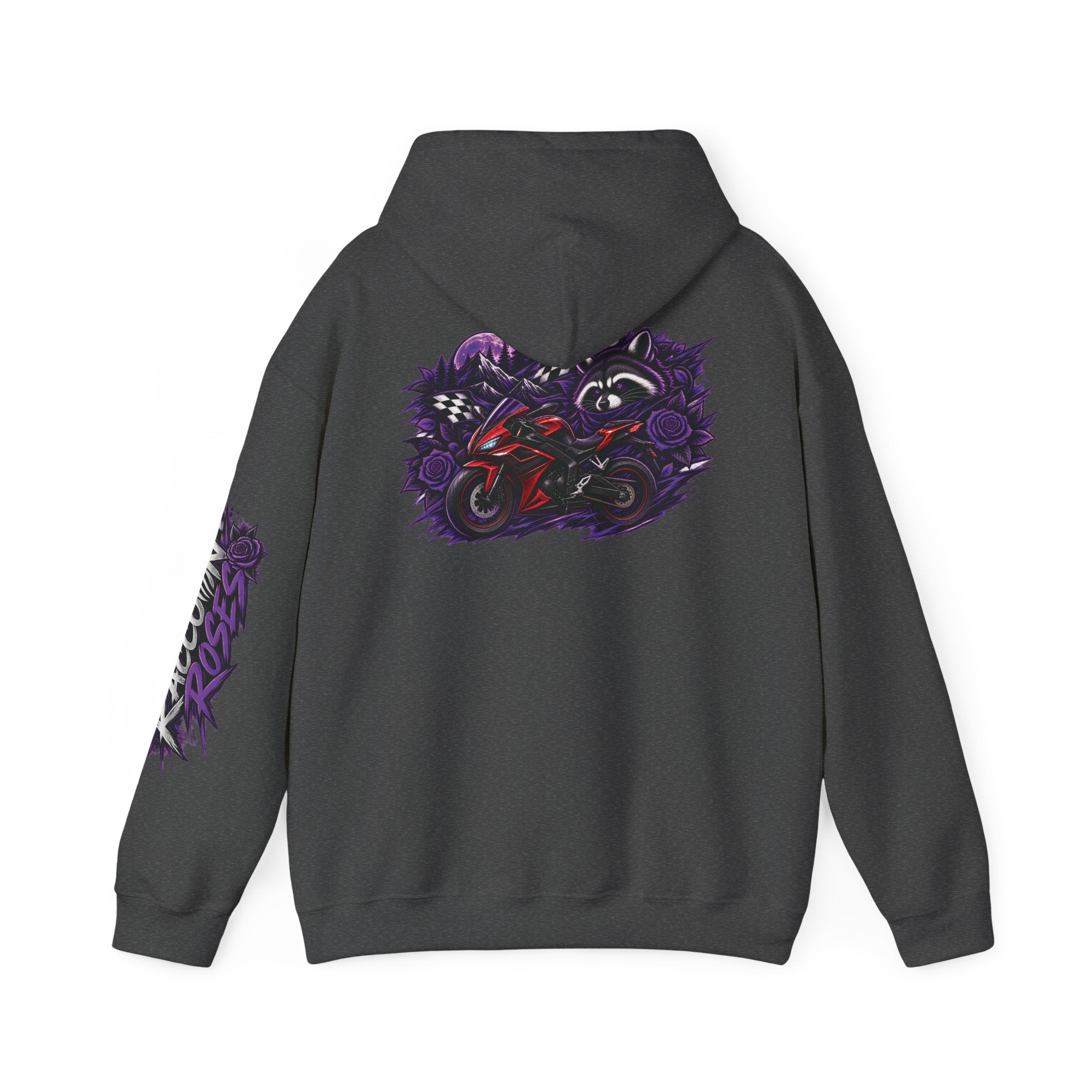 Raccoon Roadsters Motorcycle Graphic Hoodie — Retro Purple Rider Sweatshirt