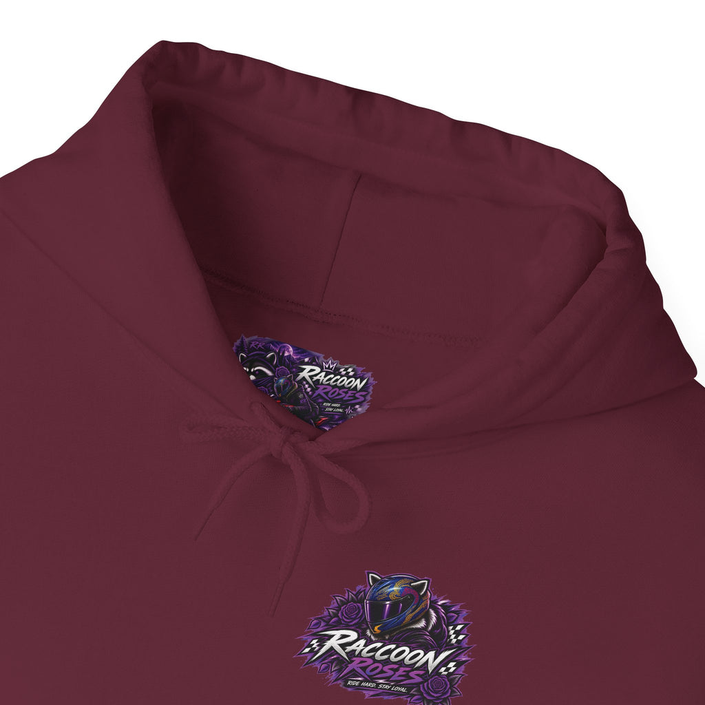 Raccoon Roadsters Motorcycle Graphic Hoodie — Retro Purple Rider Sweatshirt