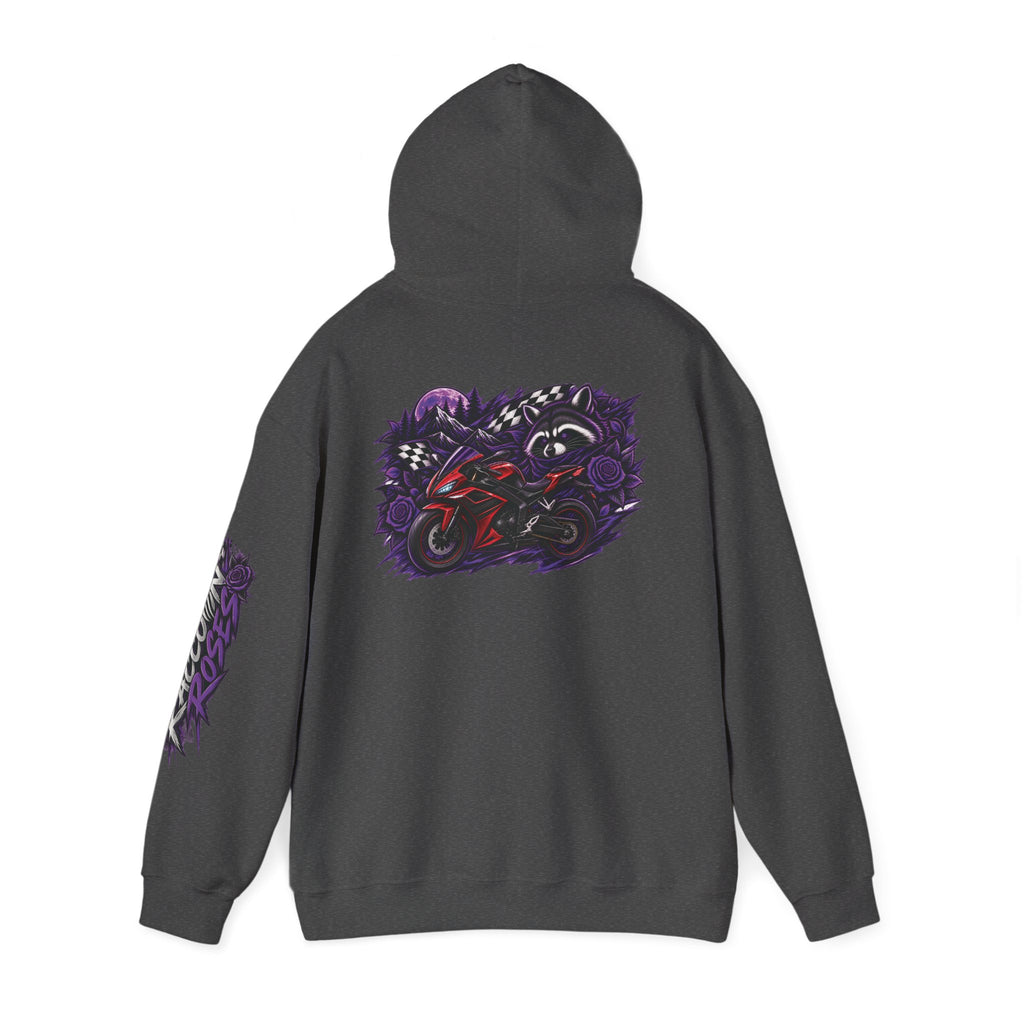 Raccoon Roadsters Motorcycle Graphic Hoodie — Retro Purple Rider Sweatshirt