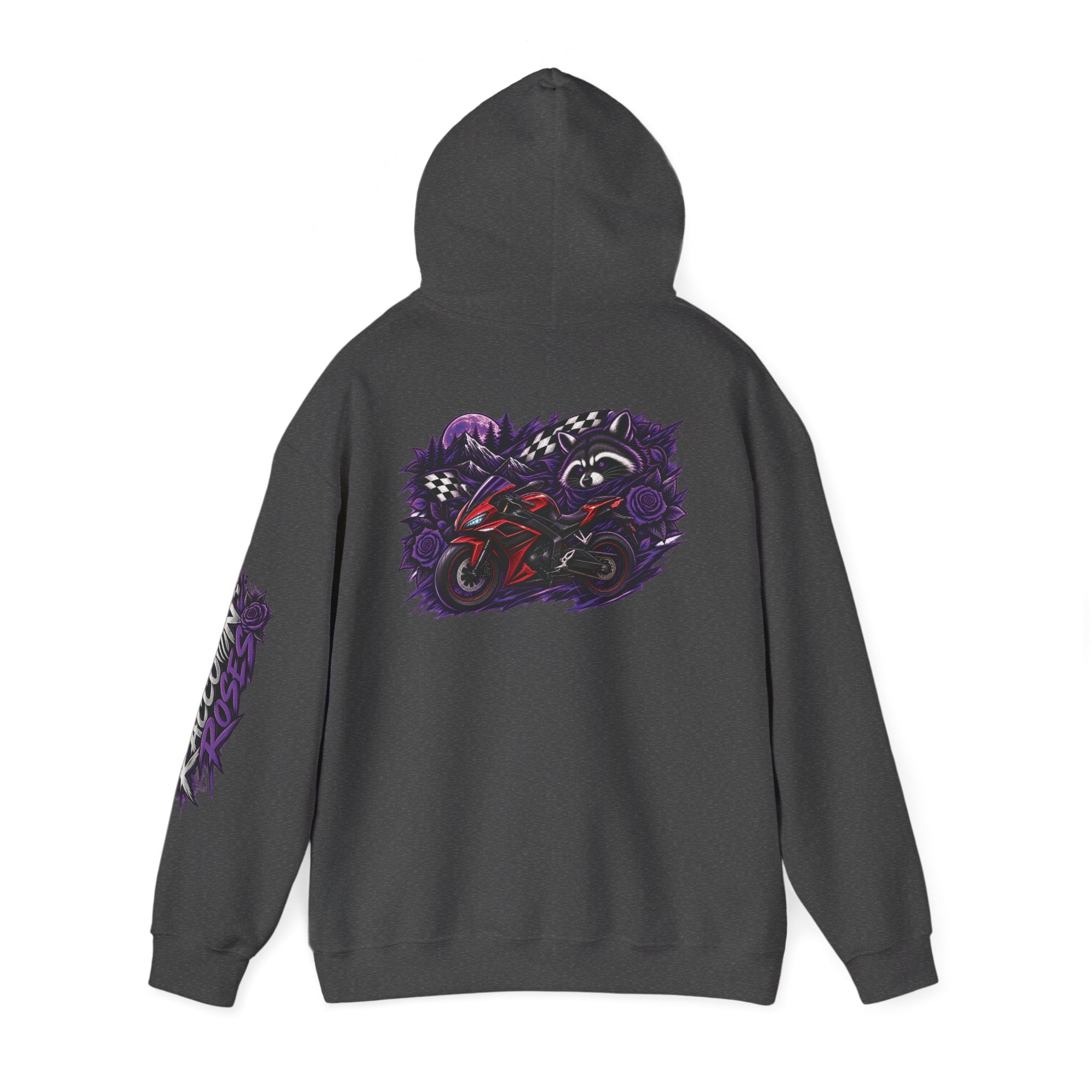 Raccoon Roadsters Motorcycle Graphic Hoodie — Retro Purple Rider Sweatshirt