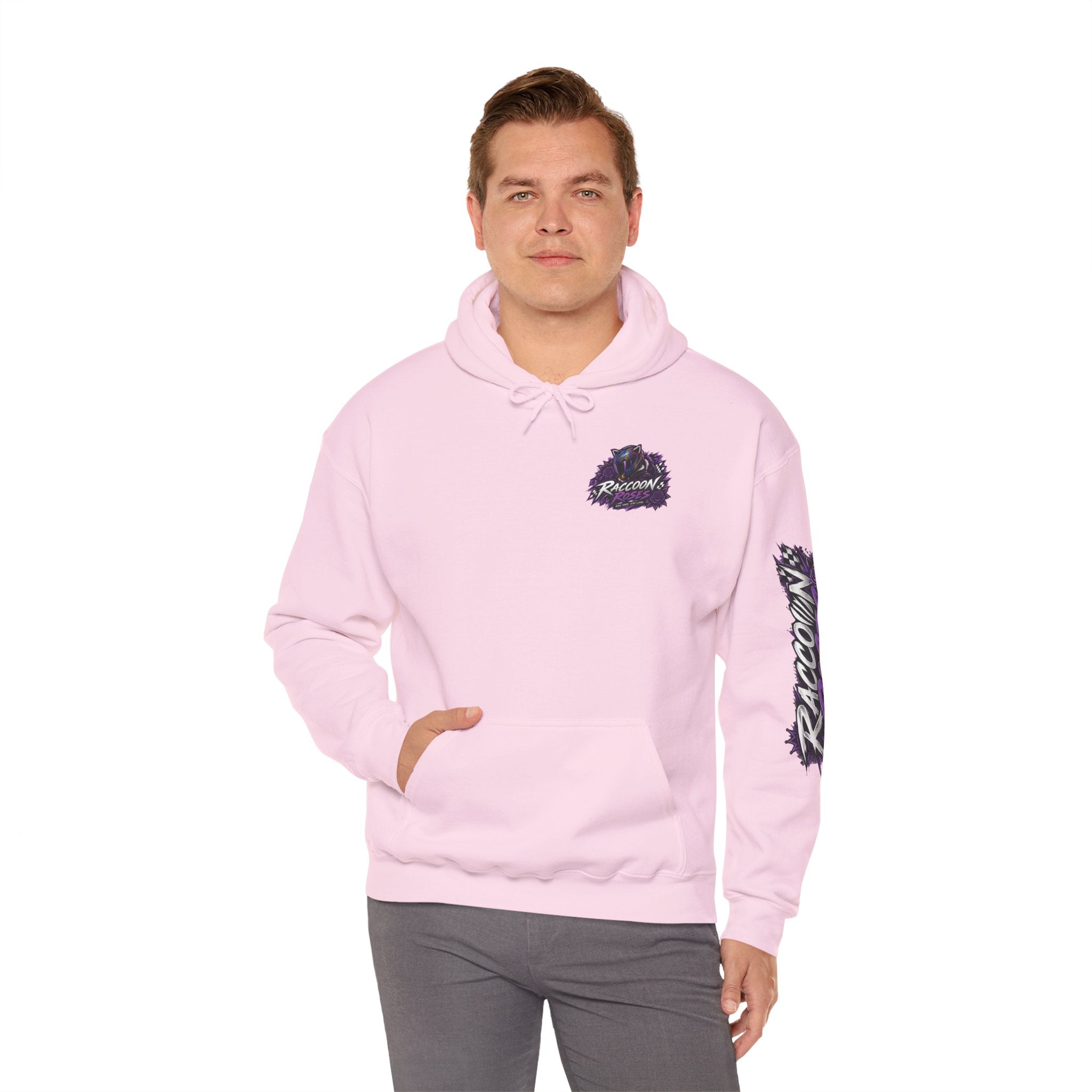 Raccoon Roadsters Motorcycle Graphic Hoodie — Retro Purple Rider Sweatshirt